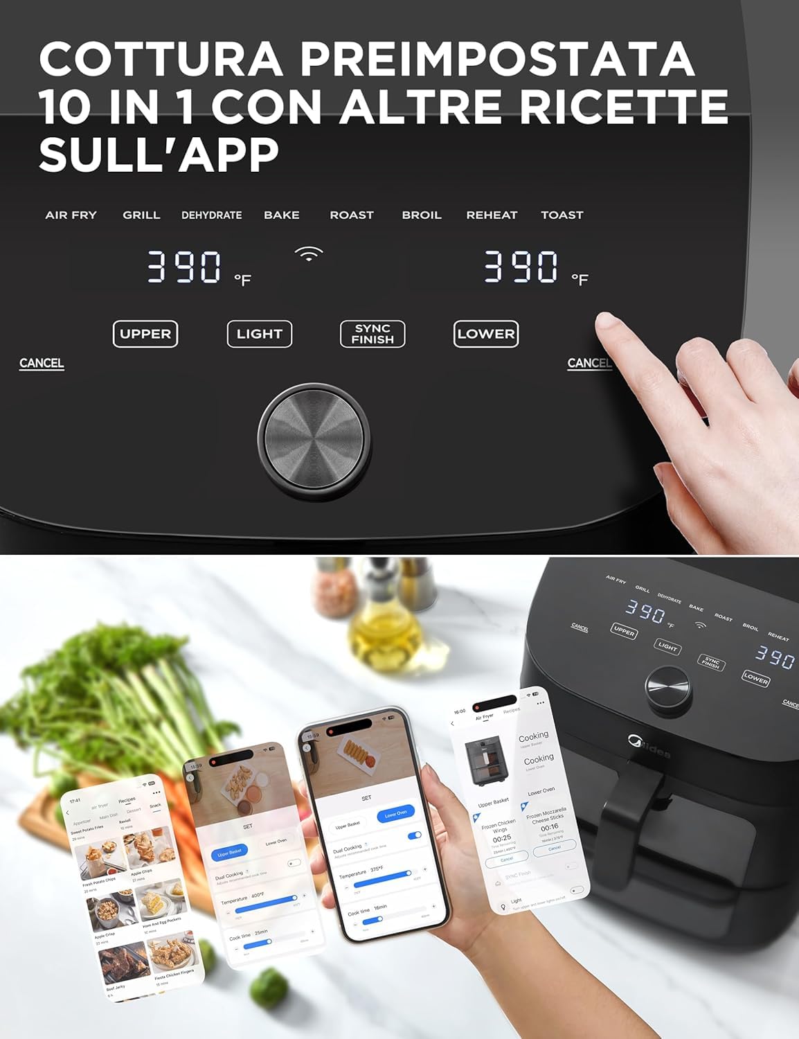 Midea Pionowa frytkownica powietrzna 10 w 1, podwójna strefa, 11 l Wifi Air Fryer z 2 szufladami 5 l i 6L, nieprzywierające elementy, można myć w zmywarce, kompatybilna z aplikacją, 2400 W
