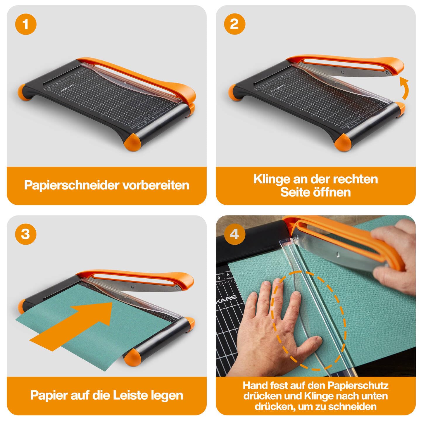 Fiskars Hebel-Papierschneidemaschine, A5-Hochformat, A4-Querformat, Selbstschärfende Klinge, Mit Fingerschutz, Bypass, Recycelte Materialien, 1077982