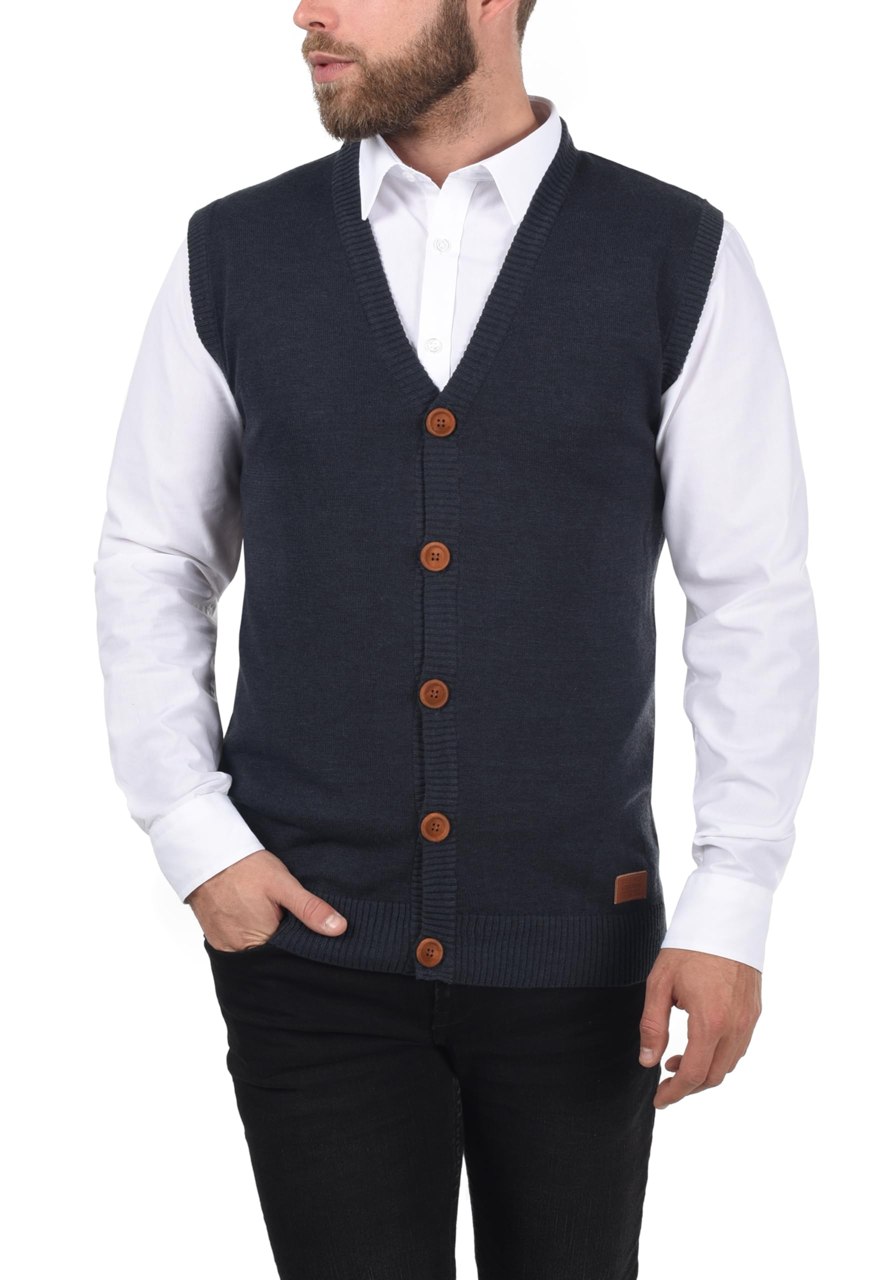 Blend BHLennardo Herren Pullunder Strickweste Feinstrick Weste mit V-Ausschnitt Holz-Knopfleiste ärmellos Baumwollmischung Regular fit