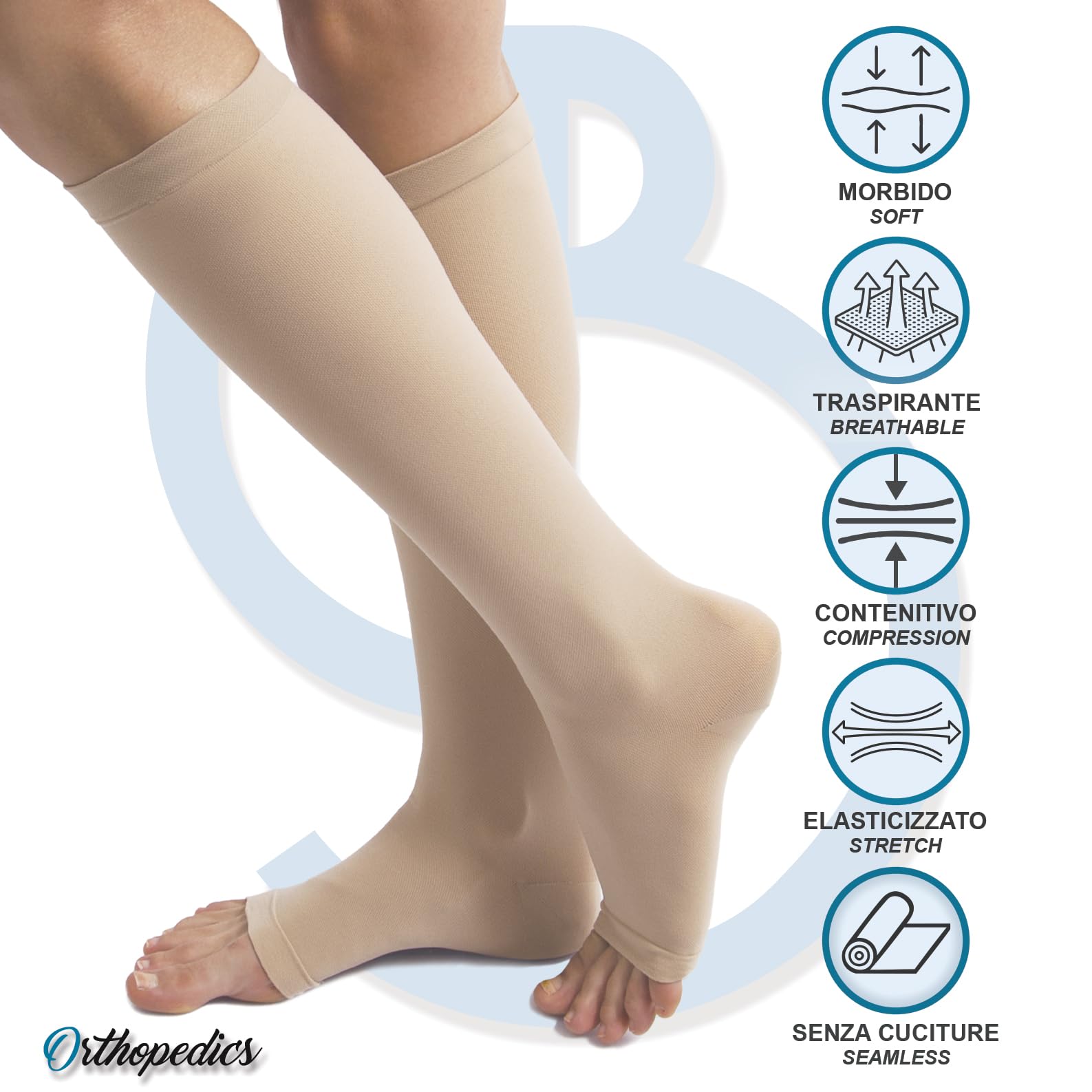 Beman 412A - Gambaletti Medicali in Cotone K2 Classe 2, Compressione Graduata 23-32 mmHg, Punta Aperta Unisex, Tallone Rinforzato e Cuciture Piatte, Elastici Resistenti