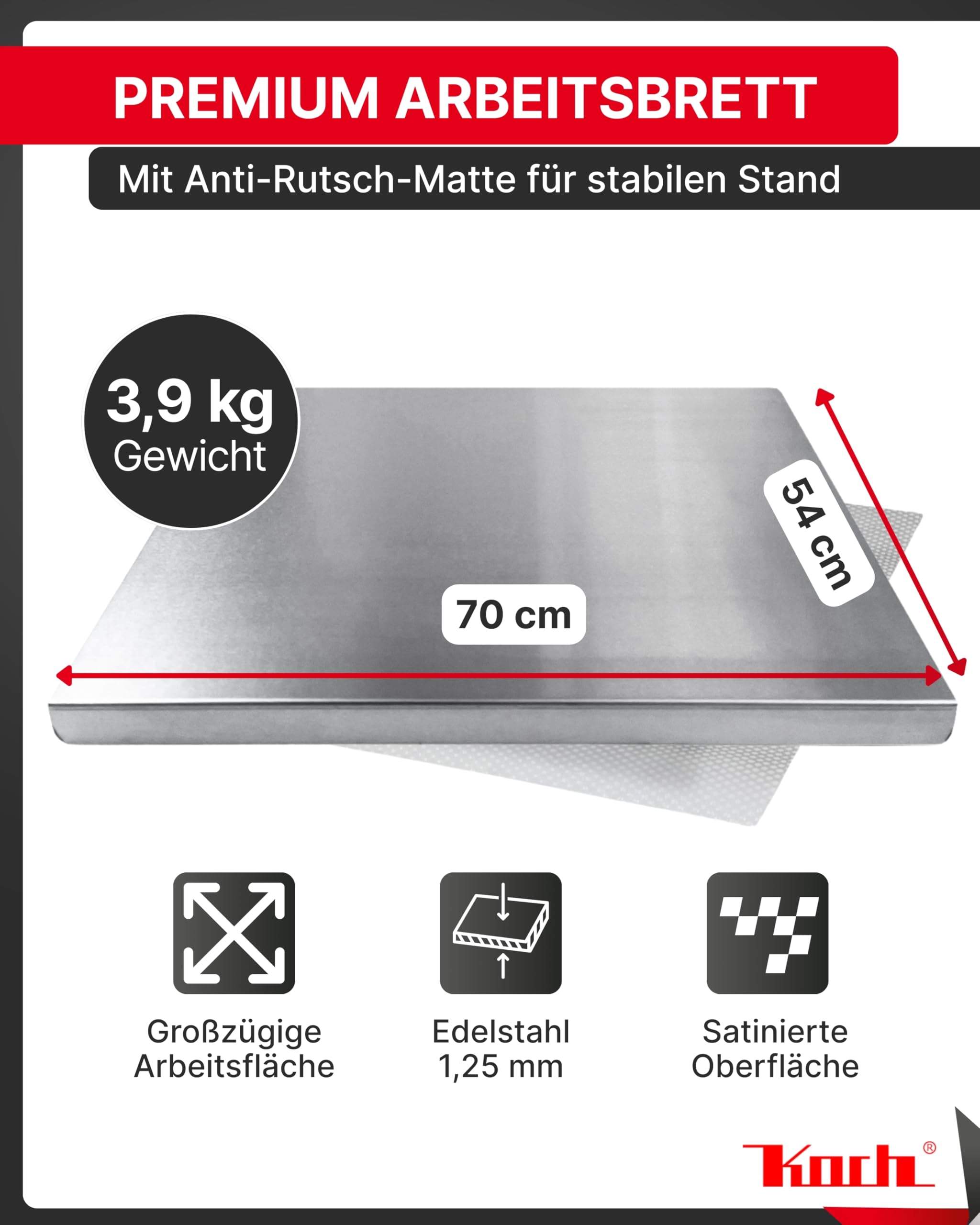 Koch Arbeitsplatte Edelstahl I 70 x 54 cm I Arbeitsfläche, Schneidebrett & Knetbrett mit Anschlagkante I Hygienisches & rostfreies Küchenbrett I Extra robust, langlebig & antibakteriell #87