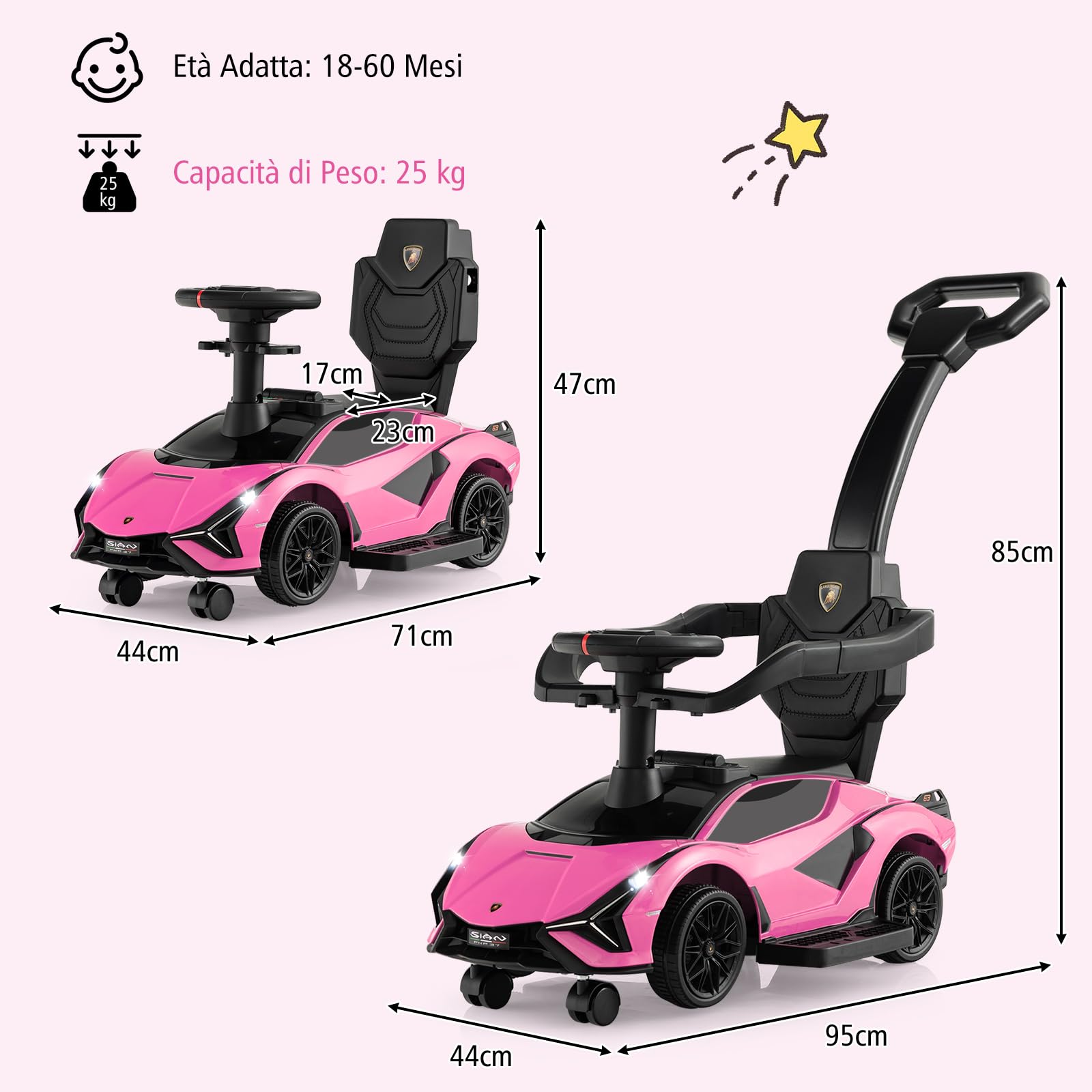 COSTWAY 3 in 1 Auto da Spinta, Auto Scorrevole con Paracolpi e Manubrio Rimovibili Musica e Fari, Spazio di Stoccaggio Nascosto e Ruote Universali Staccabili, Bambini 18-24 Mesi (Rosa)