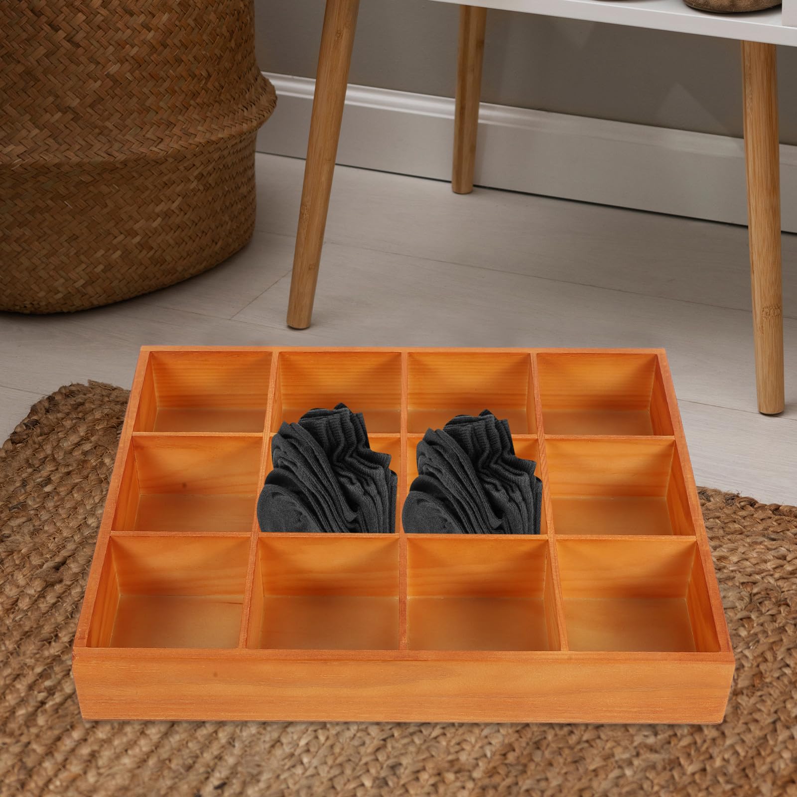 Contenitore Portaoggetti in Legno 12 Scomparti, Organizer per Cassetti di Calzini e Biancheria Intima, Divisorio per Armadio e Bagno per Ottimizzare Spazio e Ordine