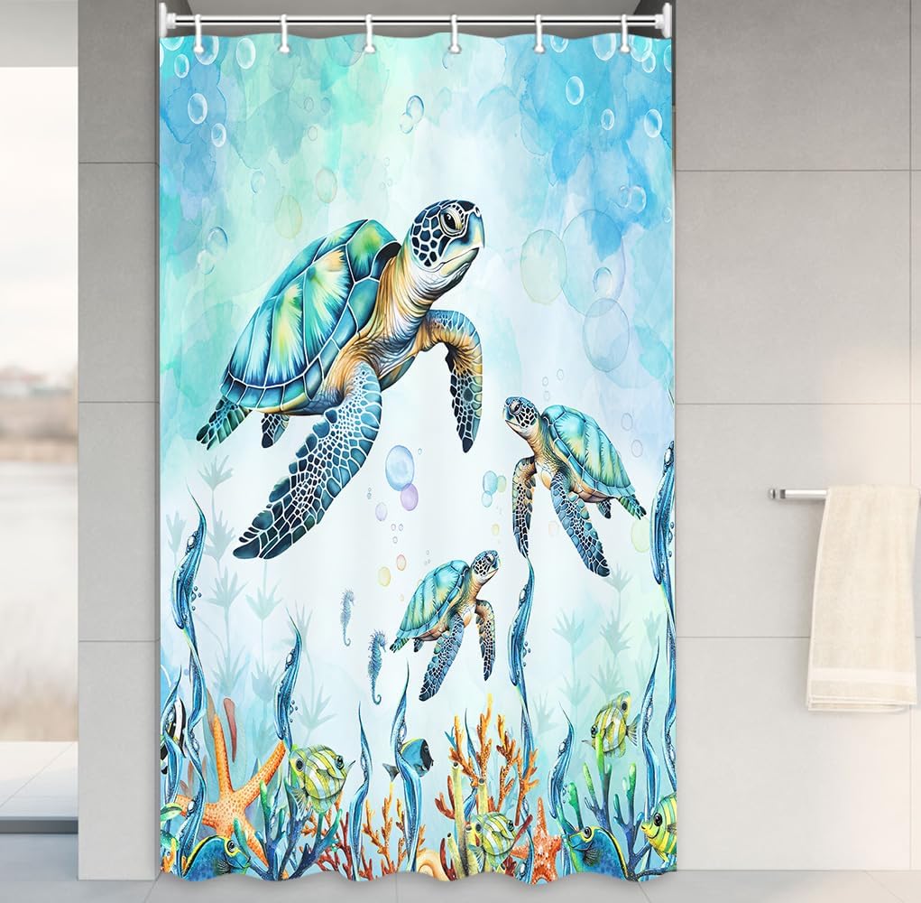 MERCHR Sea Turtle Shower Curtain Coastal Beach Decoration Nautical Shower Curtains for Bathroom, Blue Ocean Teal Fabric Bath Curtains Set with 12 Hooks, 71x78 Inches