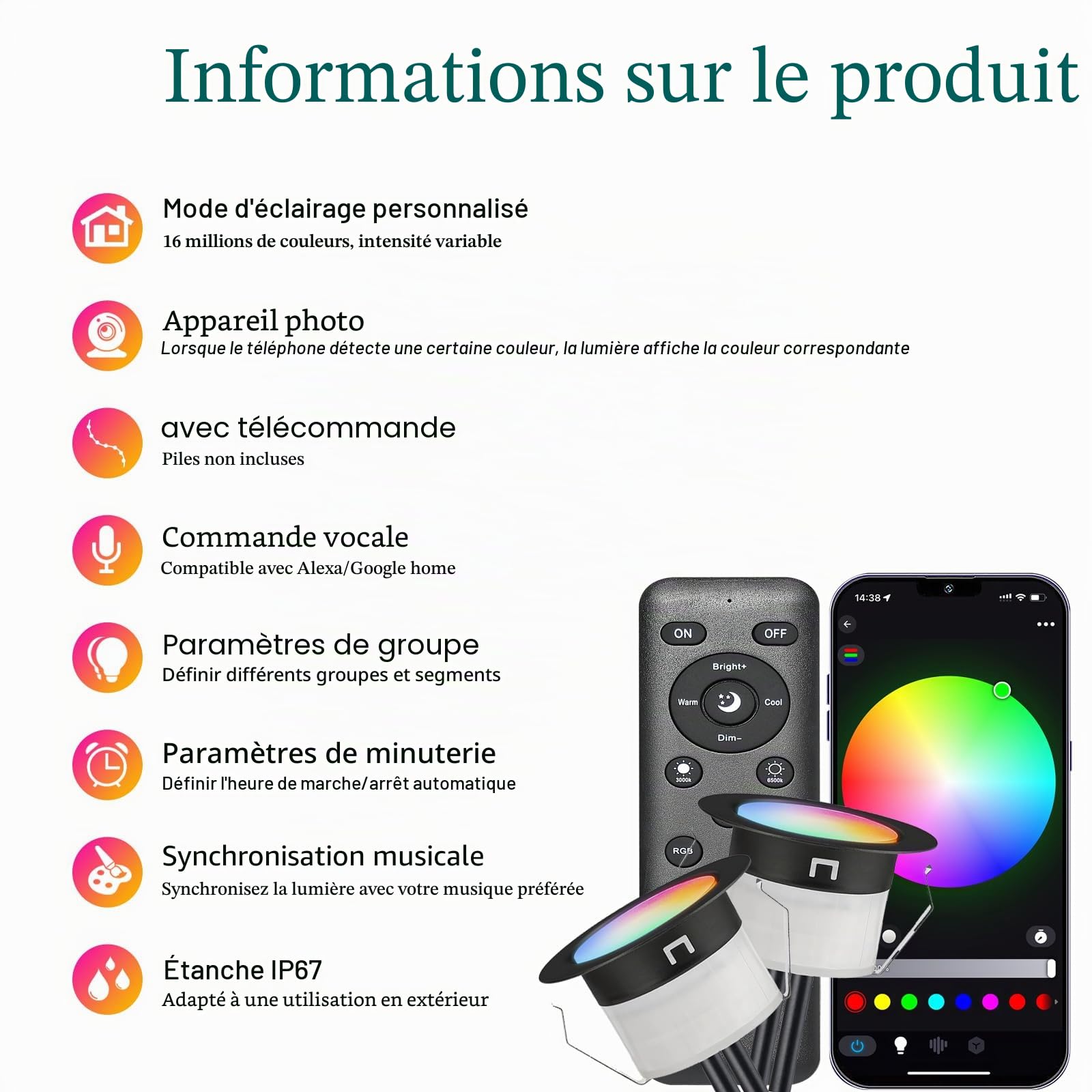 Mini Spot LED Encastrable Extérieur WiFi RGBW 12V, Ø45mm, Lot de 30