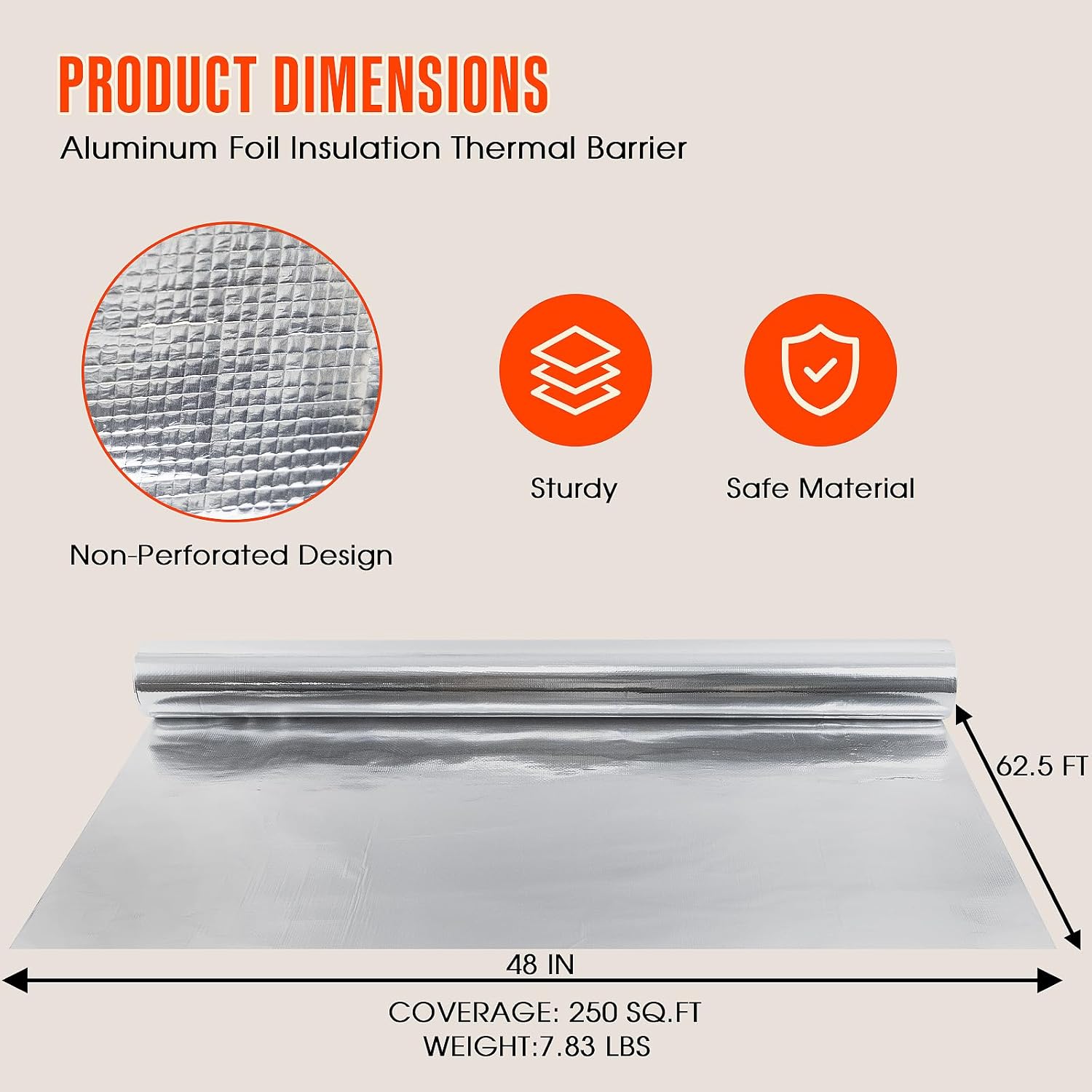 Sauna Foil Vapor Barrier, 250 sqft Aluminum Insulation Roll Heavy-Duty Non-Perforated Reflective Thermal Barrier for Energy Efficient Sauna, Attic, Garage and Crawl Space (4FT x 62.5FT)