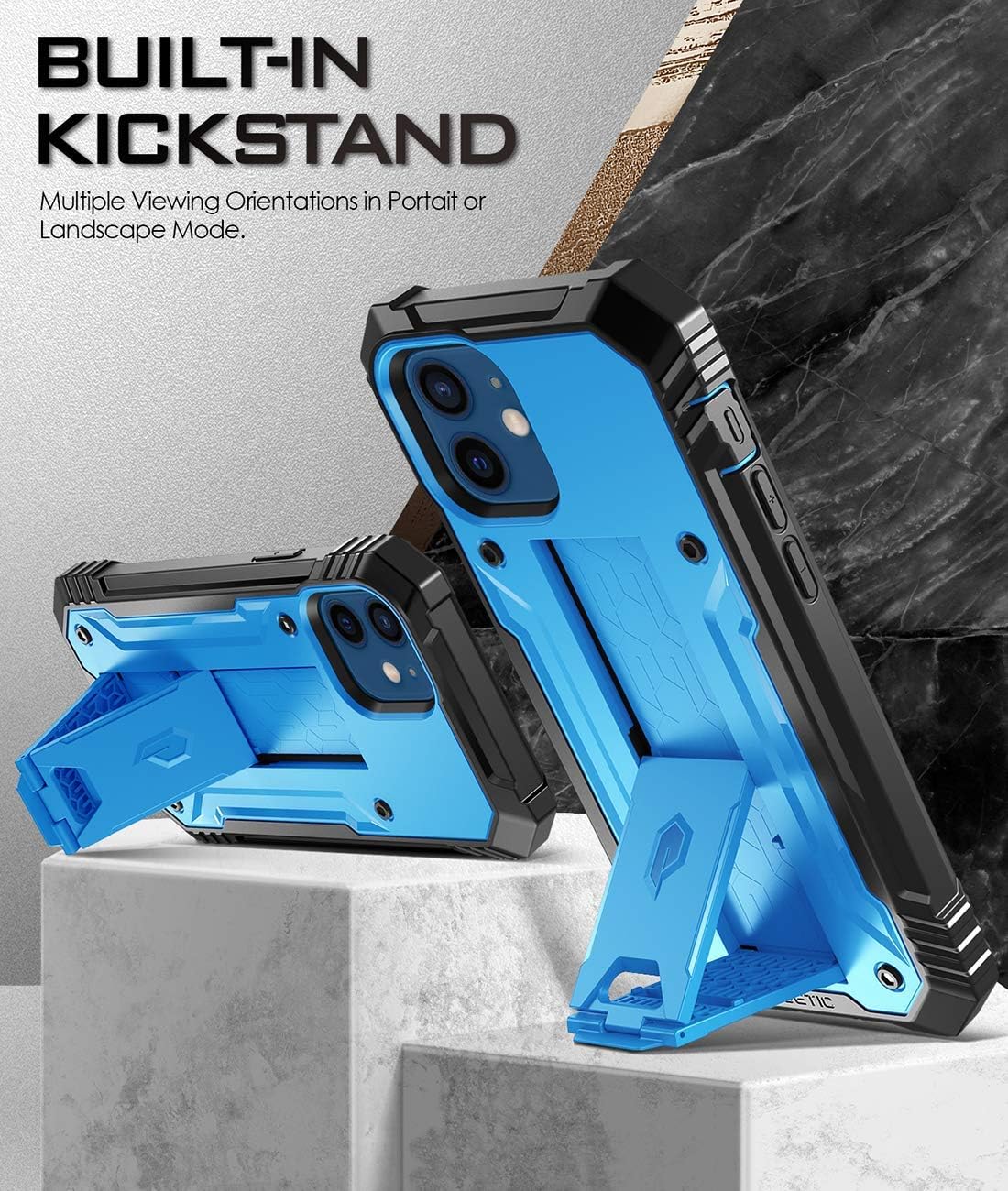 Poetic Revolution for iPhone 12 / iPhone 12 Pro Case 6.1 inch (2020 Release), Full-Body Rugged Dual-Layer Shockproof Protective Cover with Kickstand and Built-in-Screen Protector, Blue