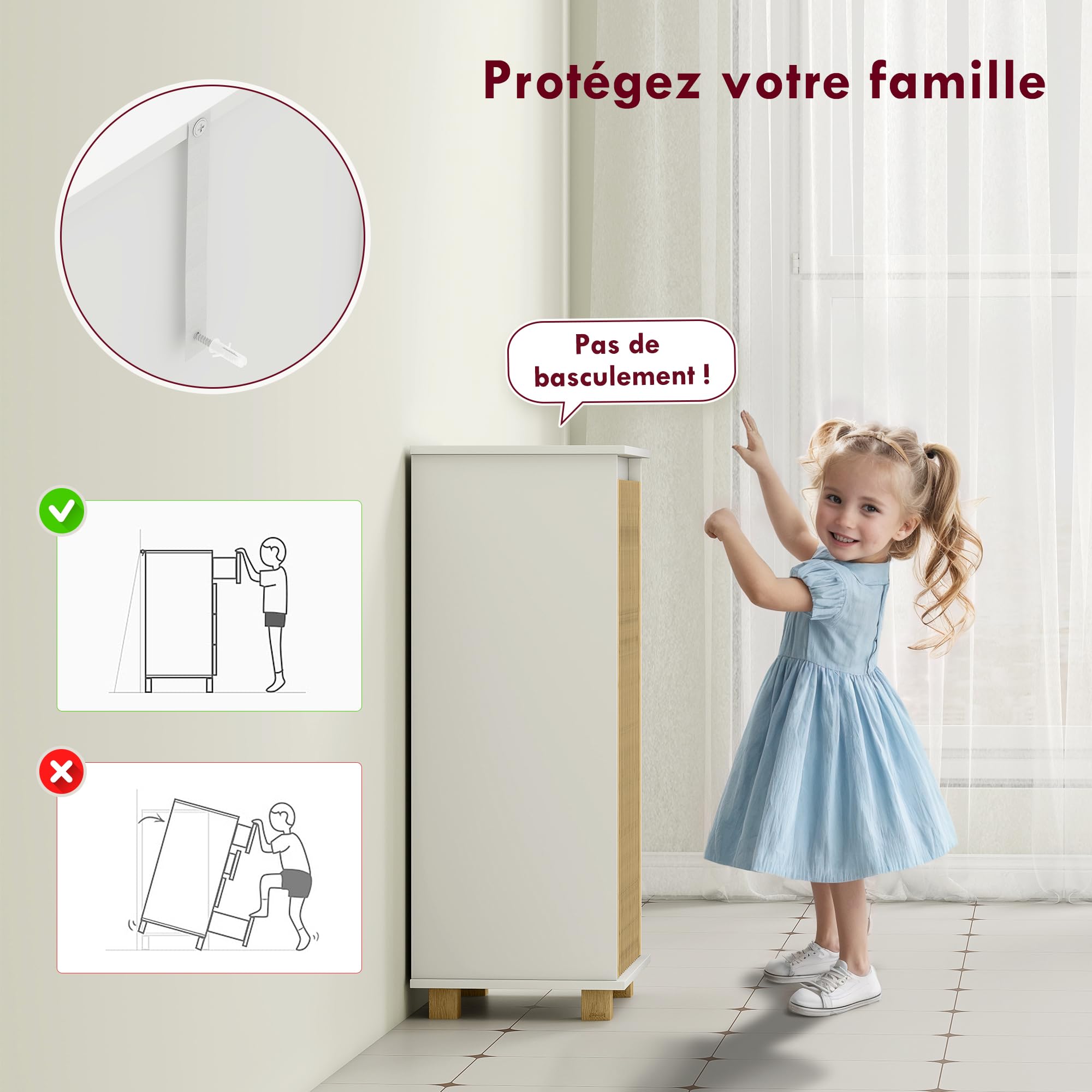 HOMCOM Meuble salle de bain 40 x 30 x 80 cm Blanc et Effet Bois Naturel | Panier À Linge, Armoire De Rangement, Porte À Lattes En Bambou, Sac Amovible