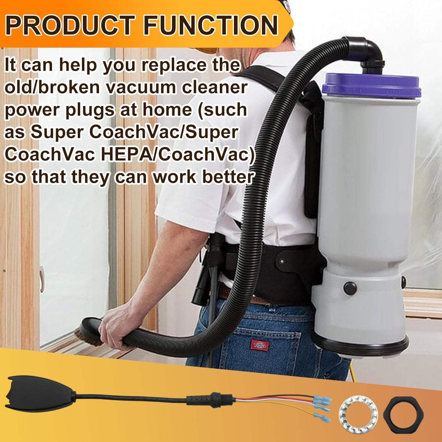 101610 Power Cord Assembly for Proteam Backpack Vacuum, w/Nut & Washer Switch Cord Parts for Super CoachVac/Super CoachVac HEPA/CoachVac