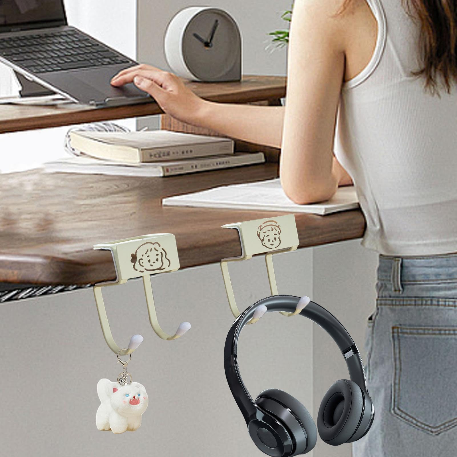 Desk Double Hook, Backpack Hanger, Desk Mounted Bag Holder Hook Portable Movable Headphones Holder Reduce Desk Clutter for Table Desk