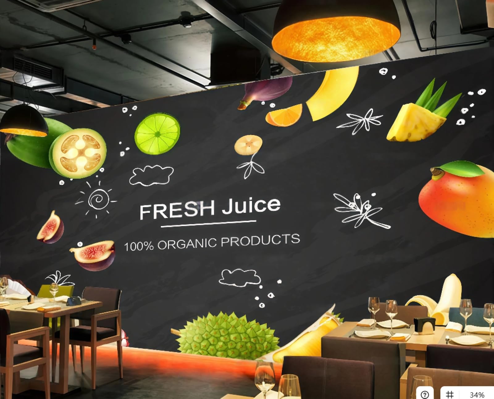 XDOUBAO Wallpaper Fashion Blackboard Hand-Painted Fruit Drink Shop Dessert Snacks Afternoon Tea Western Restaurant Background Wallpaper Coffee Shop Mural,3D,300x210cm