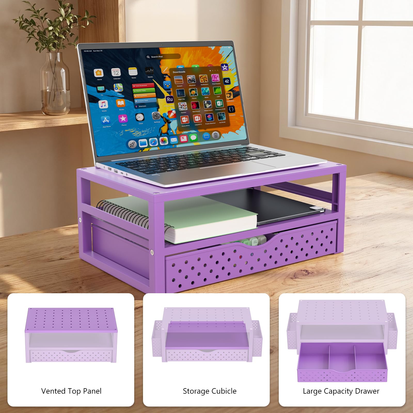 WALI Desk Organizer with Drawer，Computer Monitor Stand with Storage, Desk Organizers and Accessories for Computer, Printer, Laptop Riser for Home Office Supplies, (PTT005-V), 1 Pack, Purple view 7