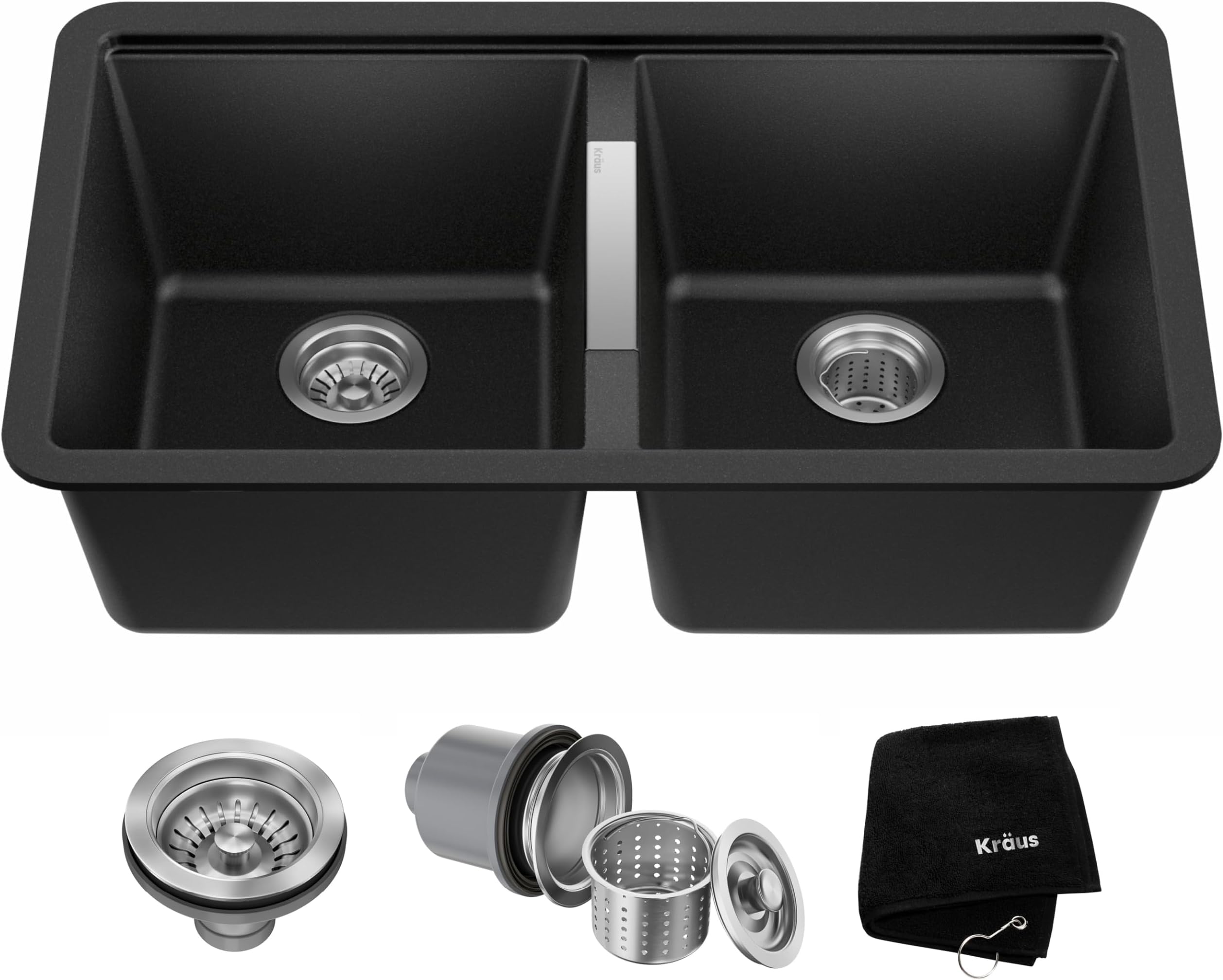 Quarza 33-inch Undermount 50/50 Double Bowl Granite Kitchen Sink in Black Onyx, KGU-434B