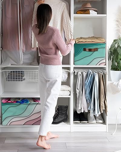 Miniatura 6 de Storage Basket Green Turquoise Modern Geometric Large Foldable Storage Bins with Handles Abstract Beach Waterproof Fabric Laundry Baskets for