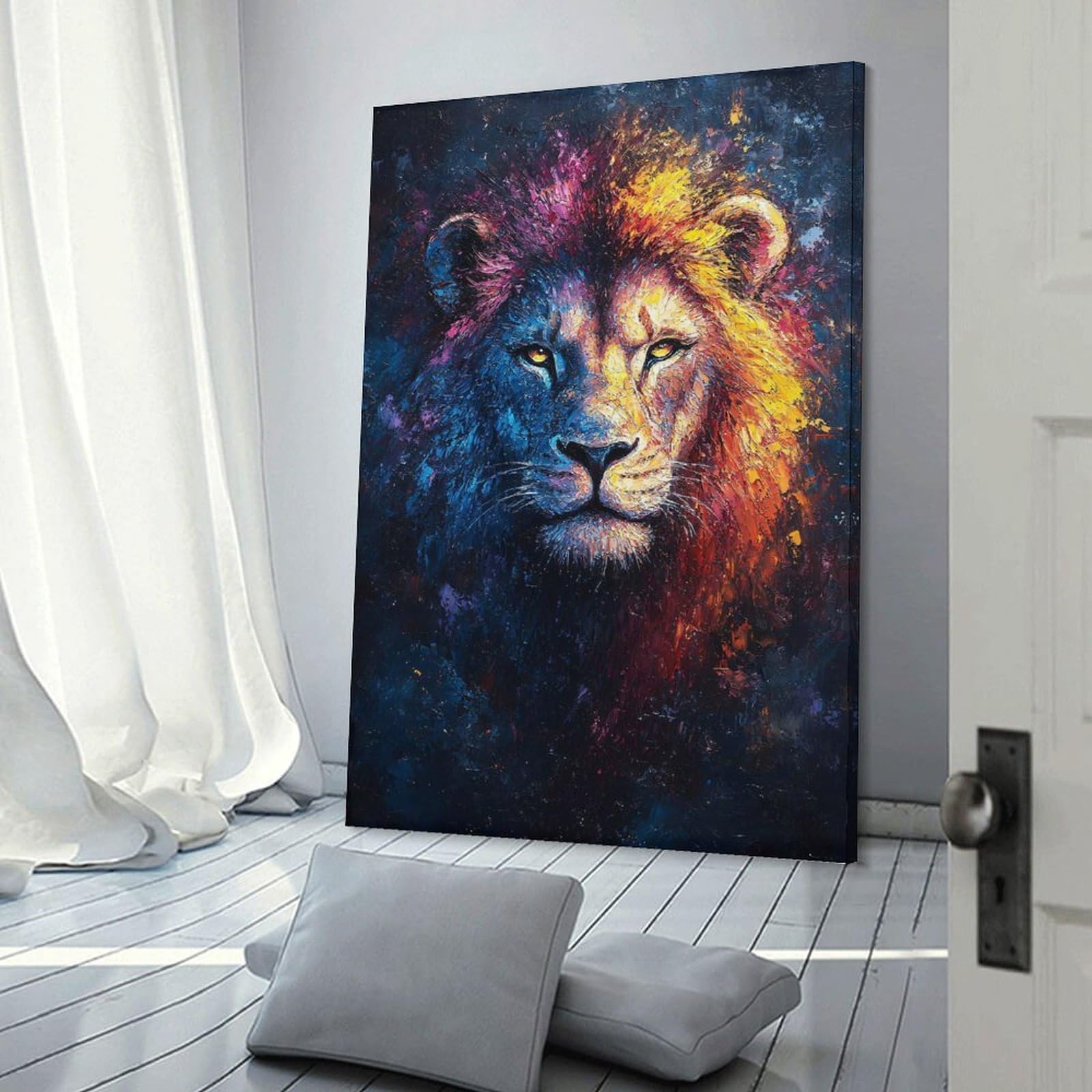 Junmoney Colorful Lion Portrait Painting Room Decor Wall Art 20x30inch(50x75cm), for Bedroom Decor, Cosy Corners Or Studios, A Warm Accent for Relaxed Interiors