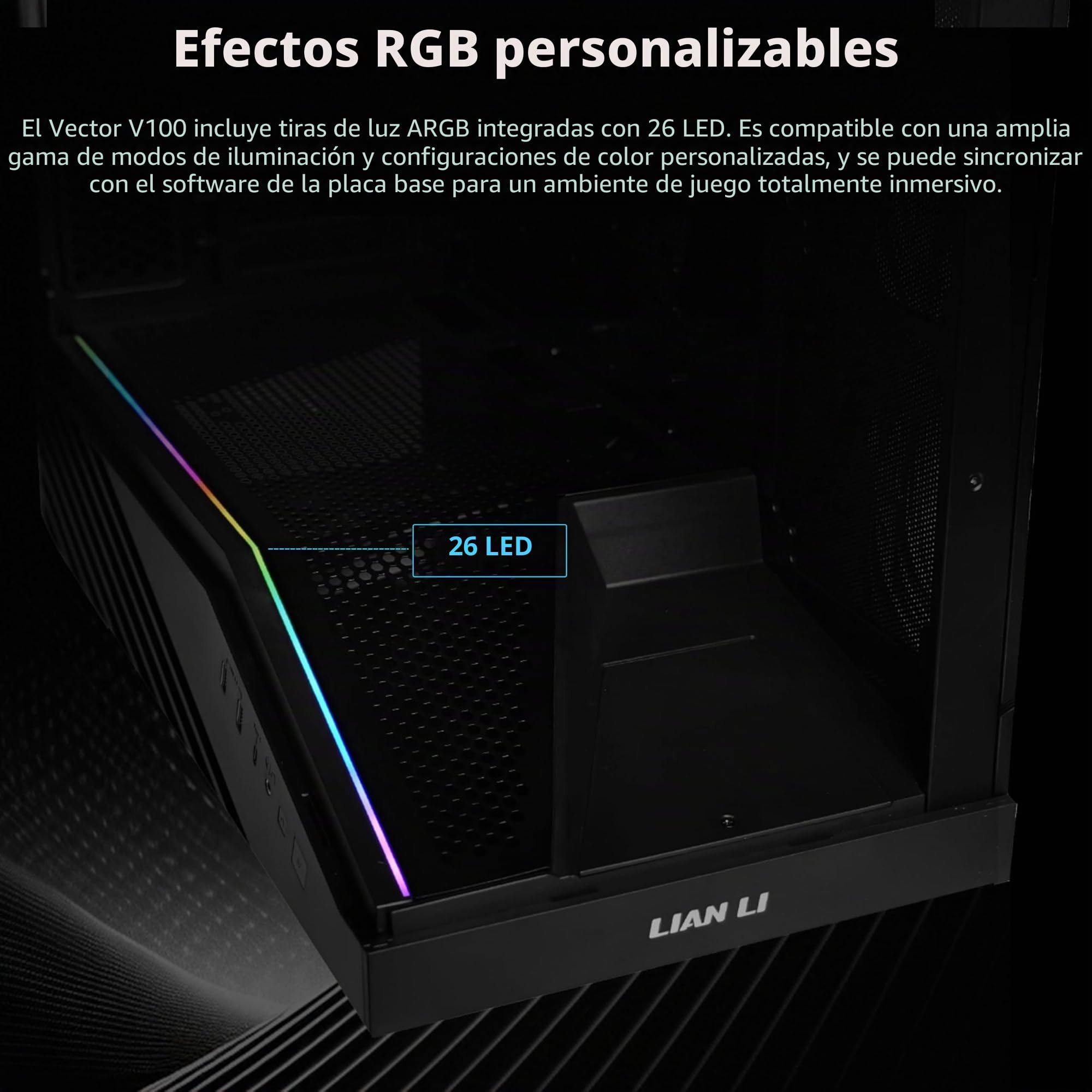 Lian Li V100 ATX - Carcasa de PC de Torre Media, 4 Ventiladores ARGB PWM de 120 mm preinstalados, Tira LED RGB, Plataforma de visualización con Vidrio Templado, Compatible con GPU de 420 mm, radiador | 4 ventiladores ARGB PWM de 120 mm preinstalados, tira