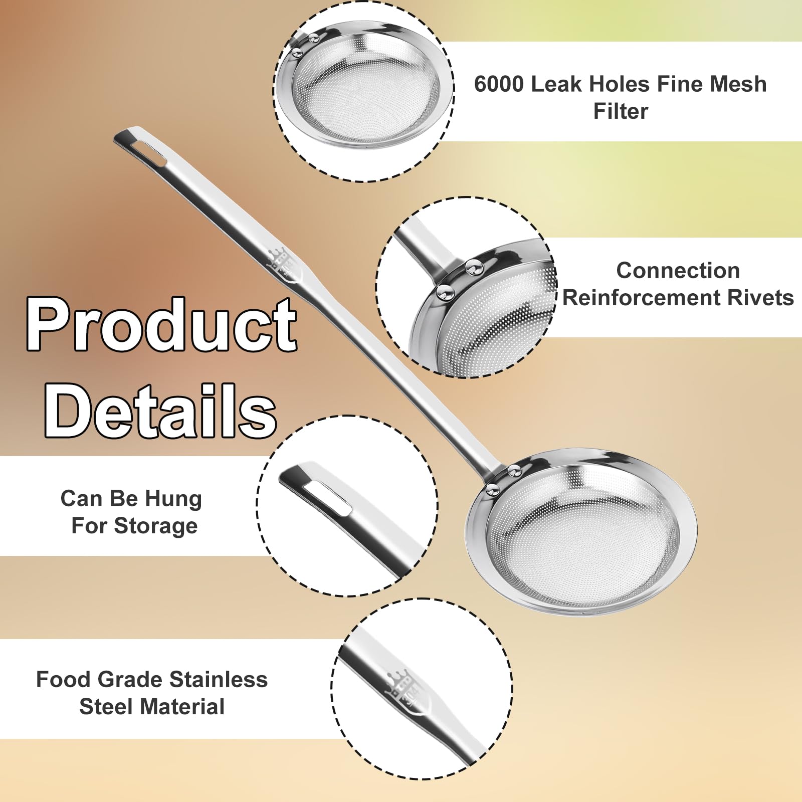 Colador de tamiz de acero inoxidable de malla fina (paquete de 2, grande y pequeño), colador de malla para aceite de cocina, cuchara espumadora, filtro de grasa, colador de alimentos, accesorios de 6