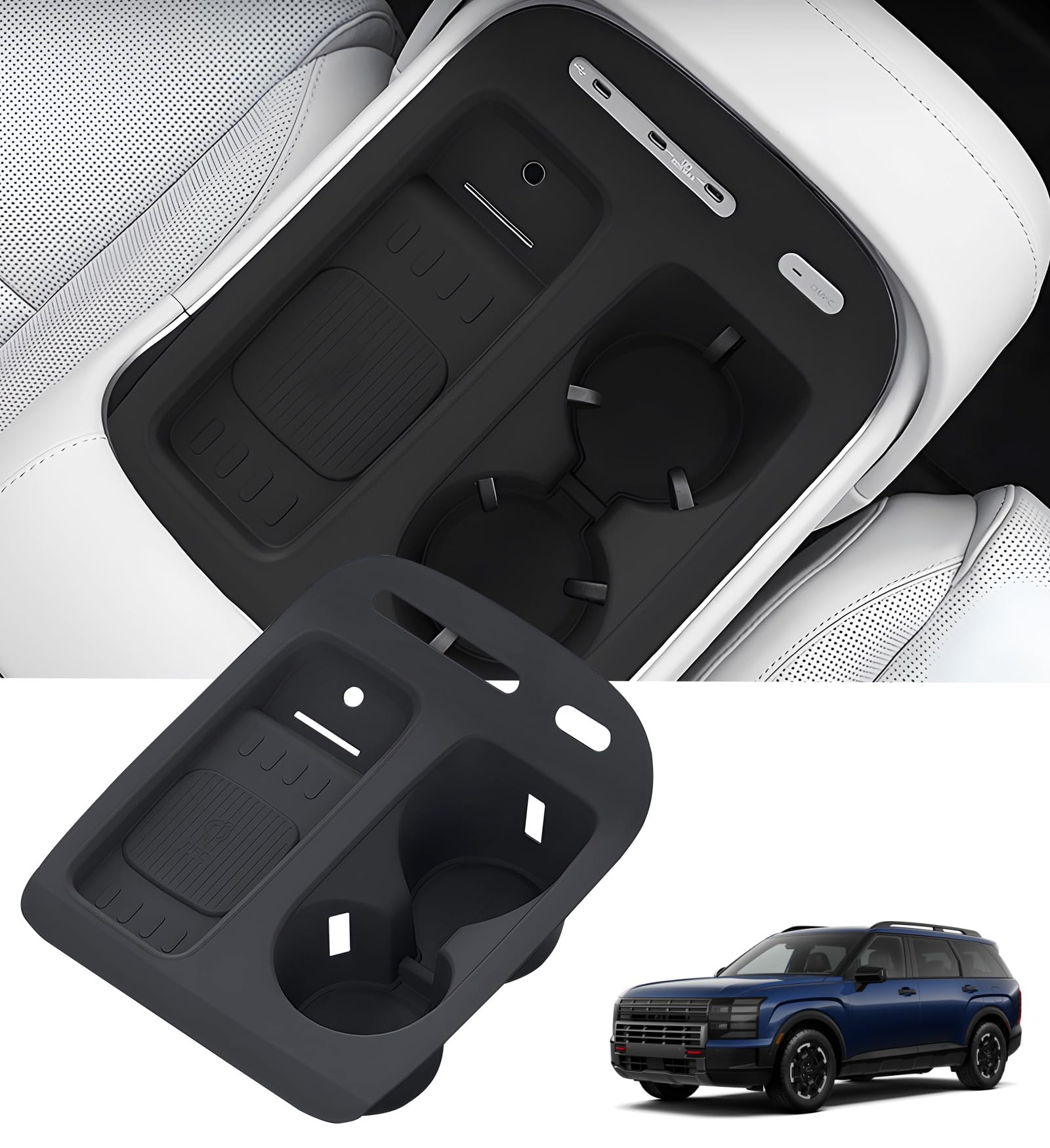 Cup Holder Insert &amp; Wireless Charging Protective Mat for Hyundai Palisade 2027 2026, Center Console Interior Accessories Cup Holders &amp; Wireless Charger Cover Pad for 2026-2027 Palisade, Black