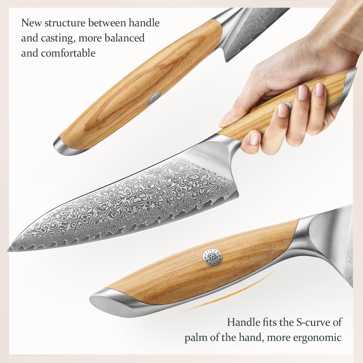 HEZHEN Zestaw noży kuchennych ze stali damasceńskiej 5 sztuk, profesjonalny zestaw noży szefa kuchni ze stali damasceńskiej, nóż Santoku, ergonomiczna rękojeść z drewna oliwnego