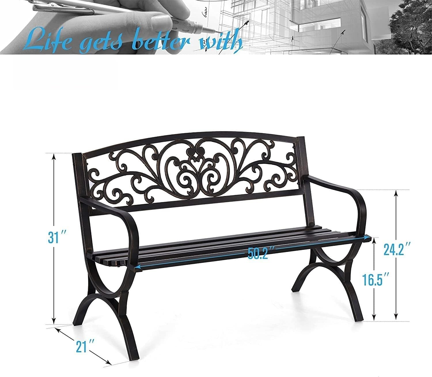 Garden Bench Metal Patio Bench Outdoor Porch Park Bench Cast Iron Sturdy Steel..