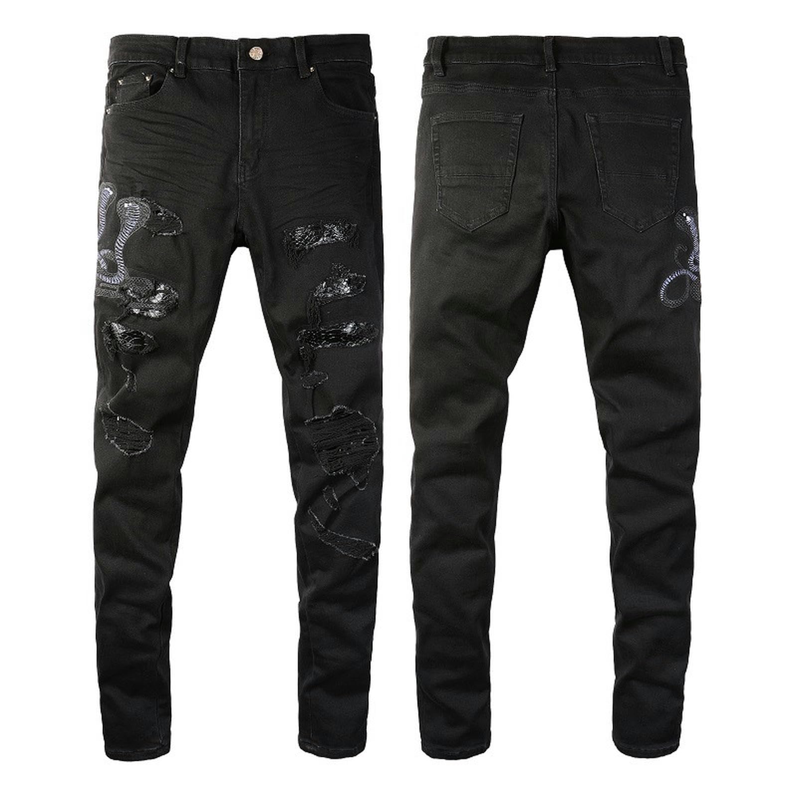 Jeans con Toppe strappate Cobra Ricamate Stretch Slim High Street denim-nero-32