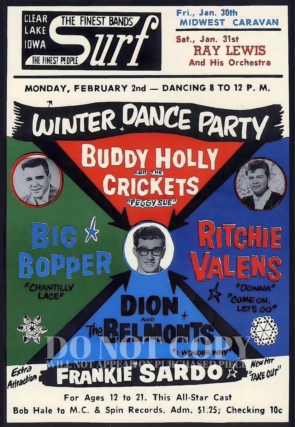 Famous 1959 Winter Dance Party Concert Tour Poster 11 X 16 - Buddy Holly - Ritchie Valens - The Big Bopper - Historic Performance - Clear Lake, Iowa - Rock and Roll - Rare Art Print