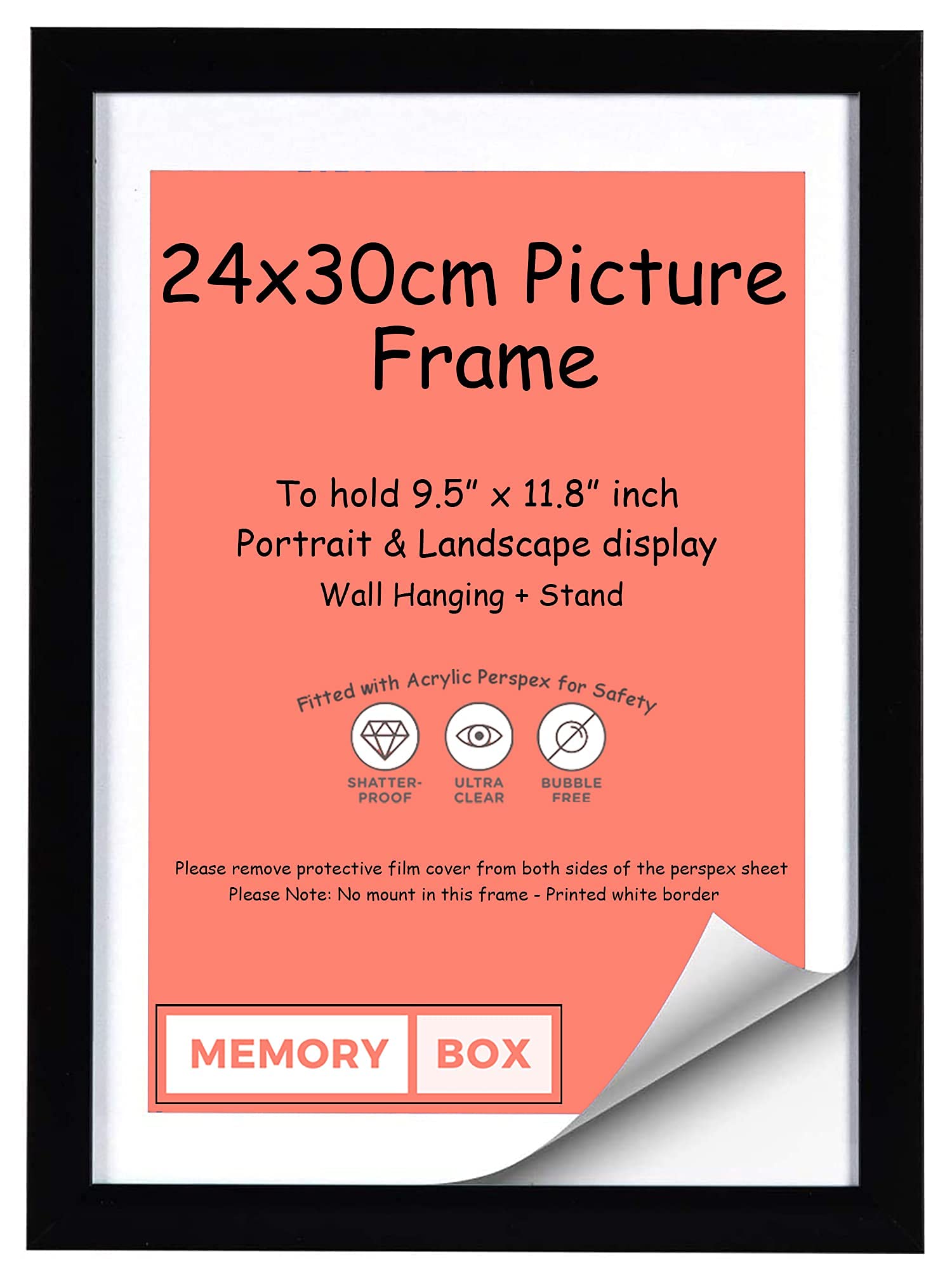 Memory Box Wrapped MDF Picture/Photo/Poster frame with Real Glass - Moulding 20mm Wide and 15mm Deep - (24 x 30cm) Black 9.5" x 11.8"