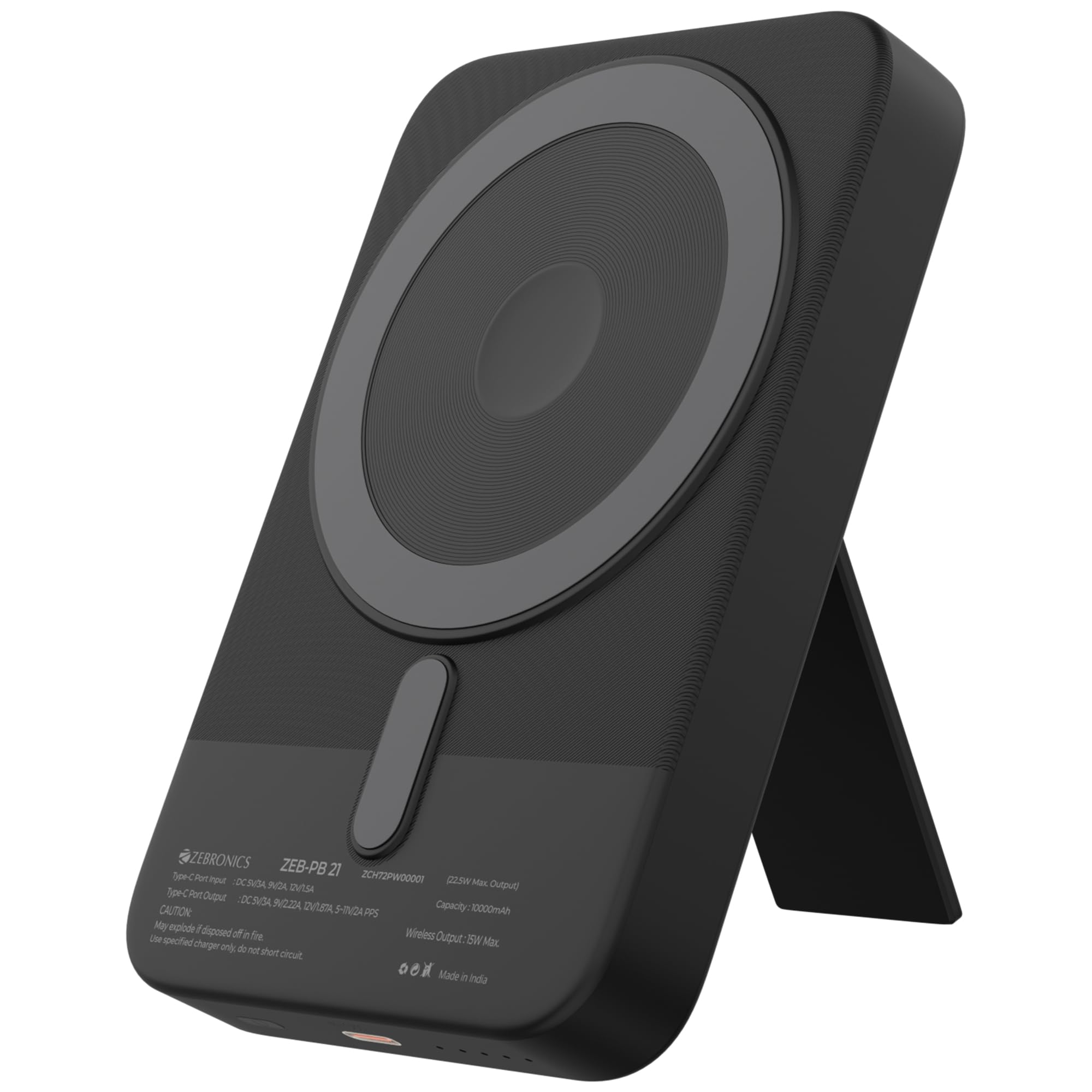 Zebronics 10000mAh MagSecure Compatible Powerbank, 15W Wireless Charging, 22.5W Rapid Charging, Type-C PD Input & Output, Built-in Stand, LED Indicator, Multi-Protection (EnergiSafe 10R5, Black)-image-47