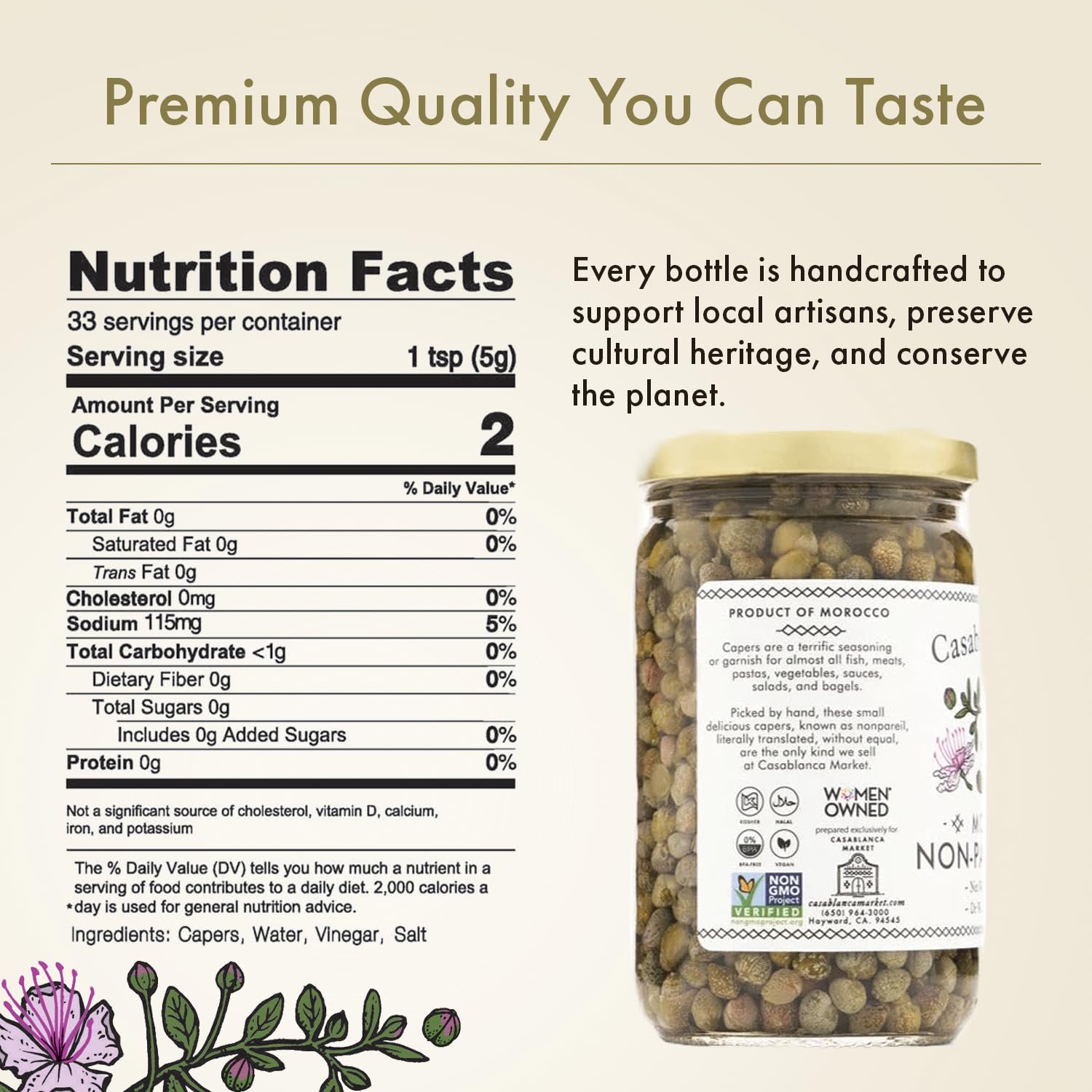 Casablanca Market Moroccan Capers Non Pareil — Handpicked, Premium Capers Jar in Pure Brine — Non-GMO, Plant-Based, Kosher, Halal-Friendly, No Preservatives — For Pasta, Sauces, Meat & More, 1-Pack