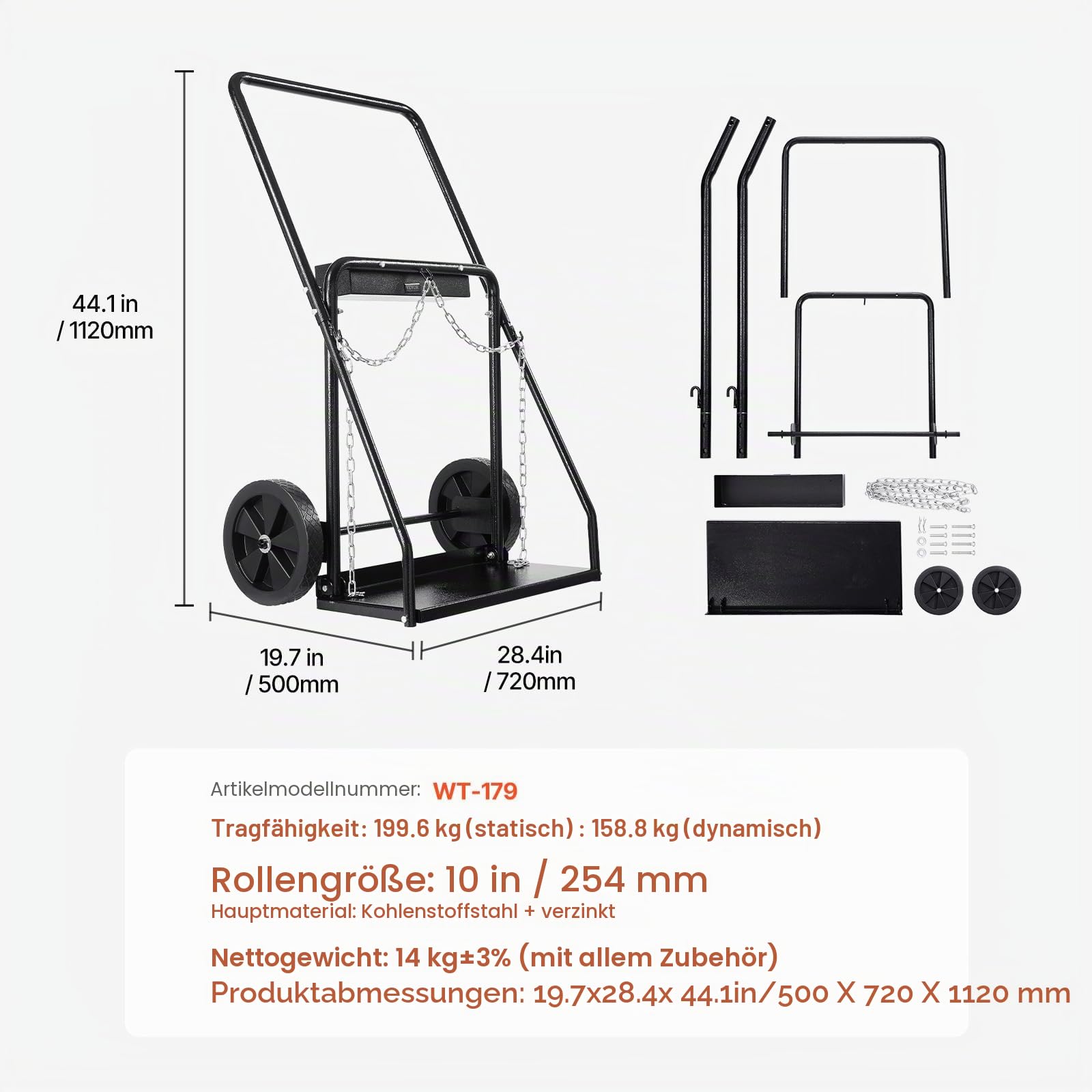 VEVOR Schweißflaschenwagen, Sauerstoff-Acetylen-Tankwagen mit 200 kg statischer Tragkraft, 25,4 cm Vollrädern & Sicherheitsketten zur Tanklagerung, für doppelte Gasflaschen mit 31,8 cm Durchmesser
