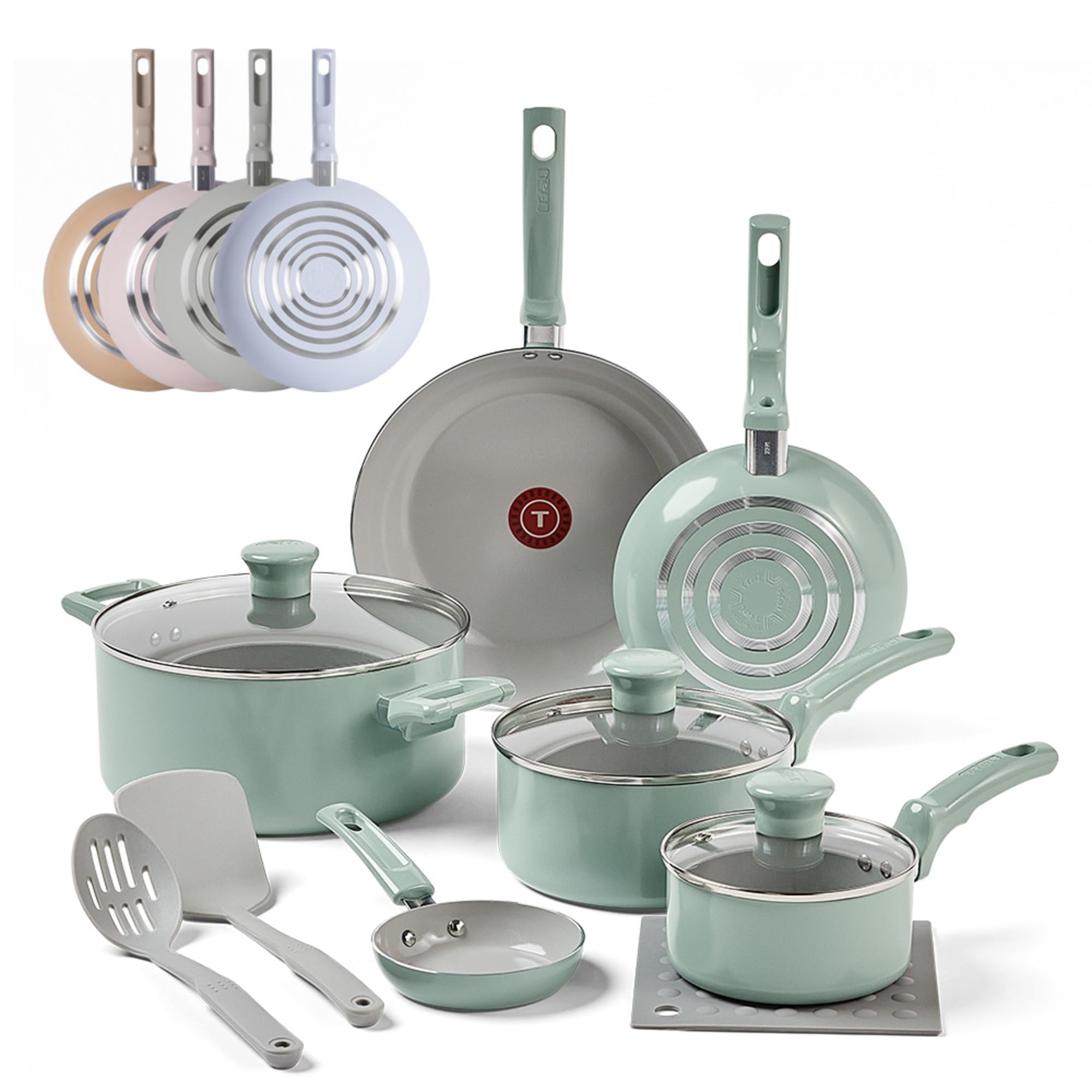 T-Fal Refresh Ceramic Nonstick Cookware Set, Oven Safe Up to 350ºF, 12-Piece, Includes Stockpot, Griddle, Frying Pans, Utensils, Ceramic Pots and Pans Set, Mint Green