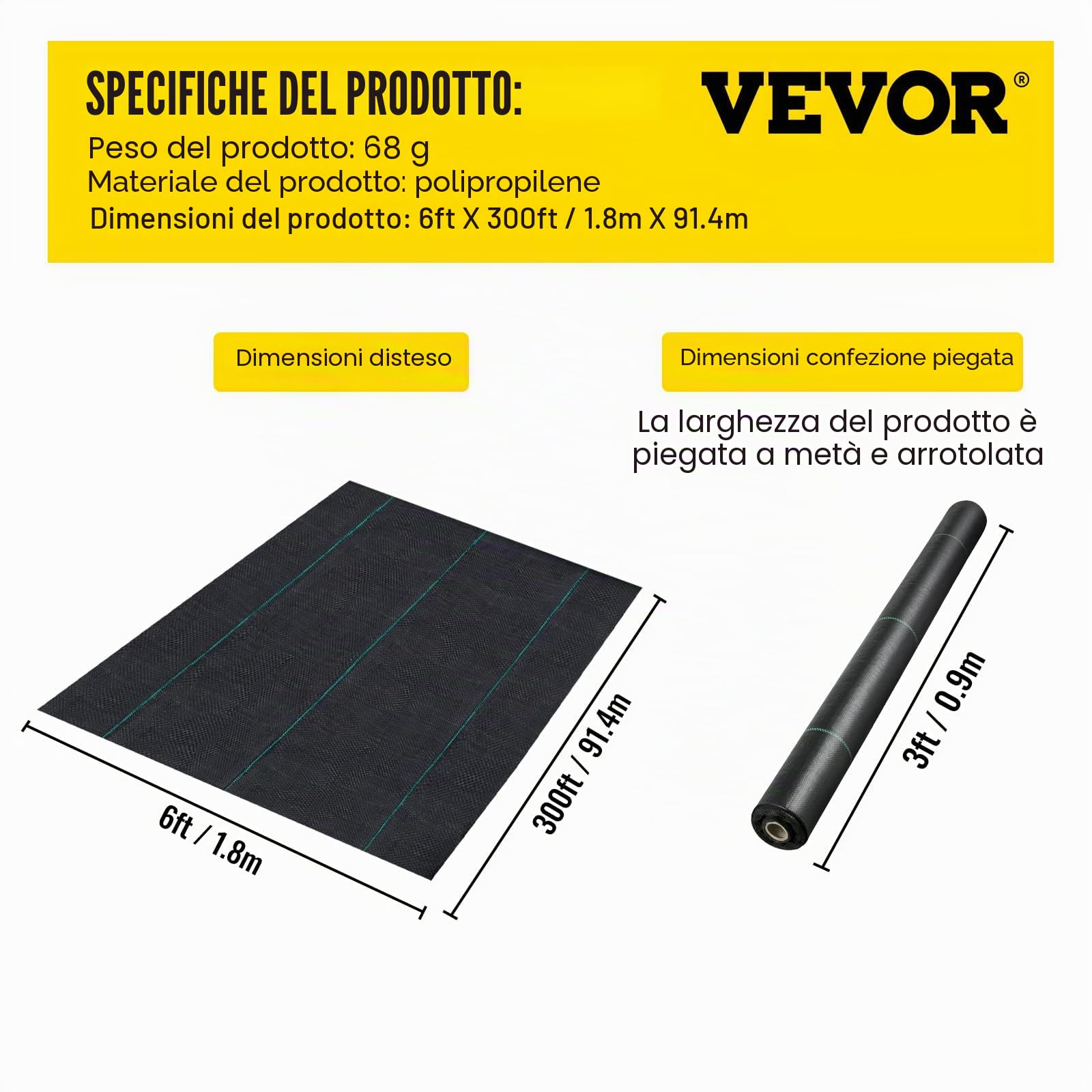VEVOR Tela tessuta da giardino, 91,4 m x 1,83 m, tessuto anti-erba, 17,8 kg, per vialetti delle terrazze, impedendo le erbacce e ideale anche per i vialetti degli orti