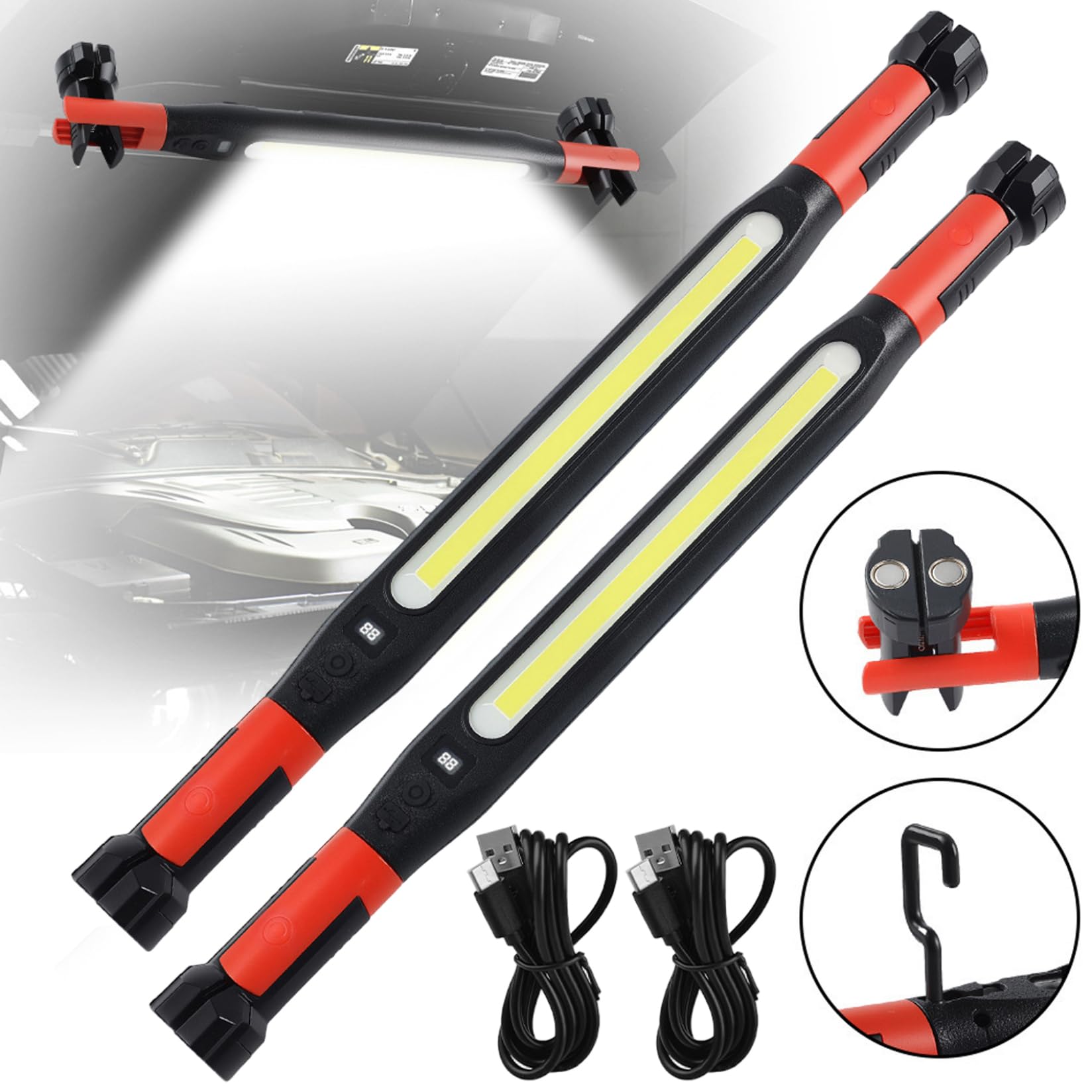 Luz de trabajo recargable magnética, barra de luz de trabajo debajo del capó con 3 modos de iluminación para mecánico/reparación de automóviles/garaje, 2 uds.