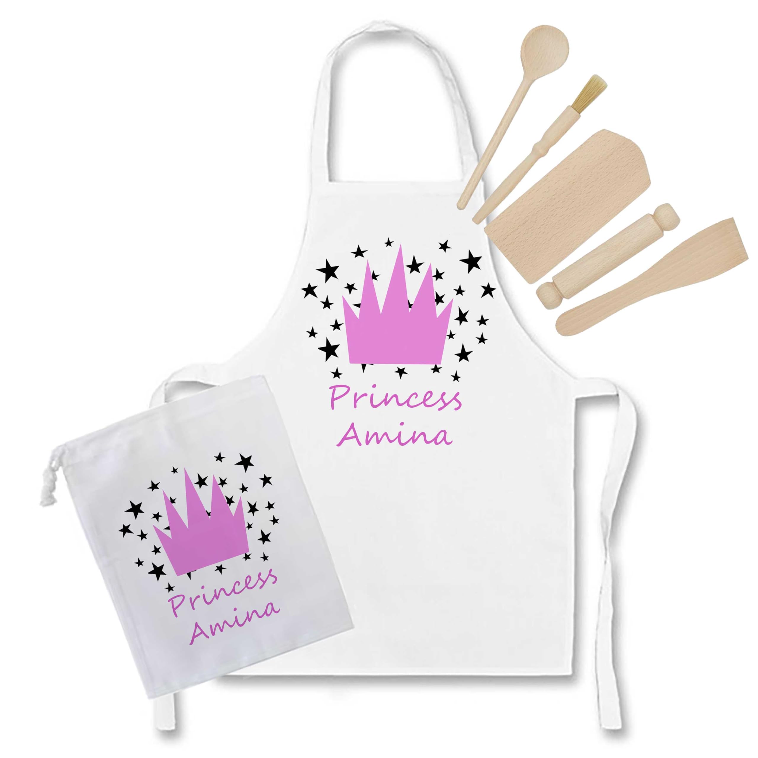 Tigerlilyprints Personalised Girls Apron Set – Custom Name Kids Baking Apron – Unicorn, Princess, Butterfly & Floral Designs – Cooking, Baking & Craft Gift (Pink Crown)