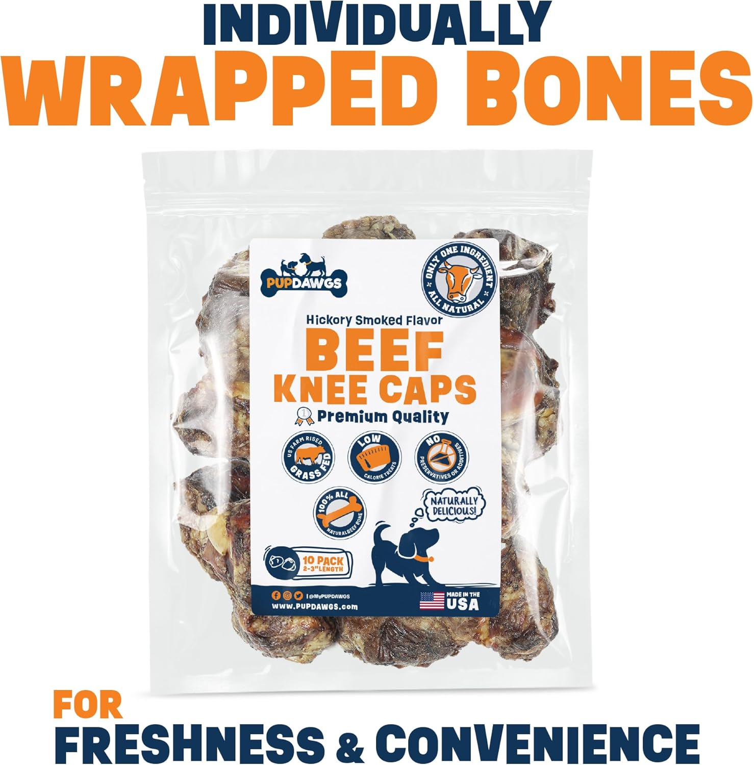 Beef Knee Cap Bones for Dogs Made in The USA | Single Ingredient Long Lasting & Protein Rich (10 Piece Pack)