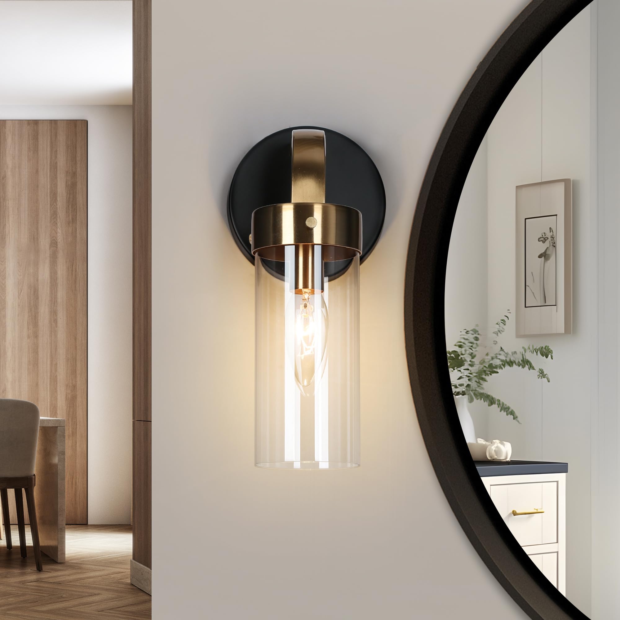 KSANA Wall Sconces, Black and Gold Wall Lights for Bedroom, Modern Glass Bathroom Wall Lamps for Living Room, Hallway