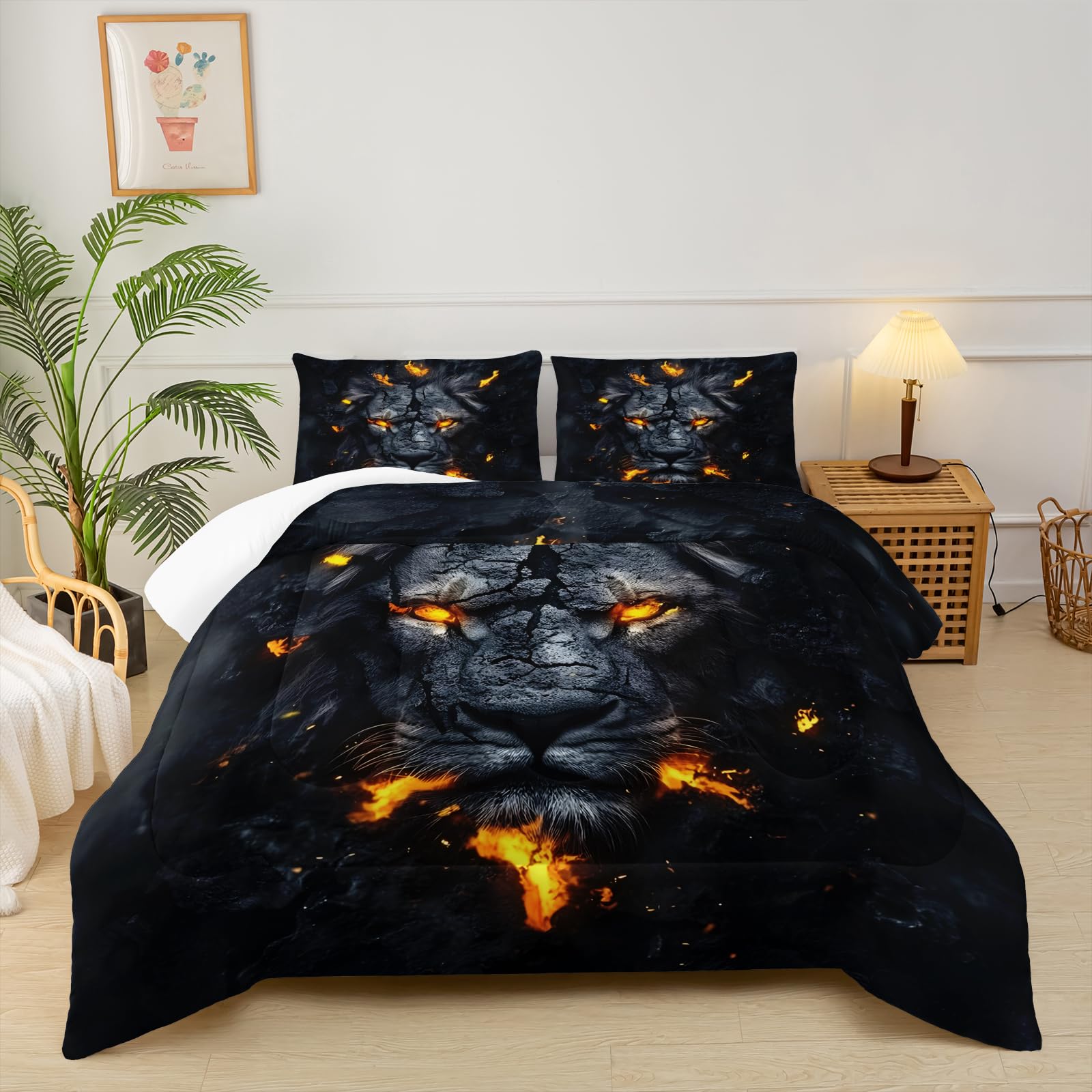 Black &amp; Gold Twin Comforter Set Lion，Lion Twin Size Bedding Set，with 1 Comforter with 2 Pillow Case，Animal Bedroom Decor for Boys Kids Man