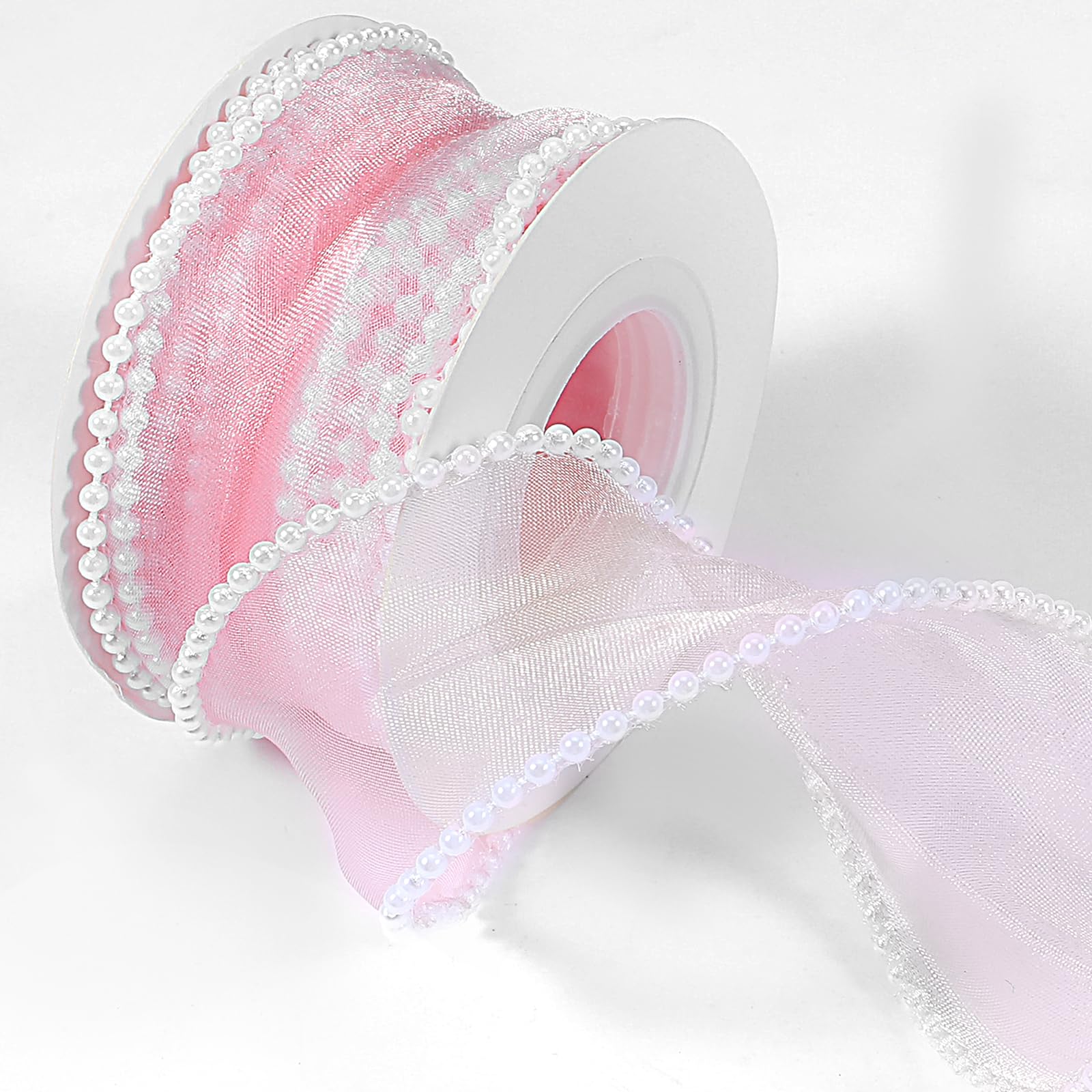 Nogeqi Faux Pearl Ribbon, Smooth Pink Ribbon with Pearl Edges Wire, 4.5m Sheer Mesh Ribbons for Gift Wrapping, Bows Bouquet Decor Crafts, Wedding Bridal Decorations