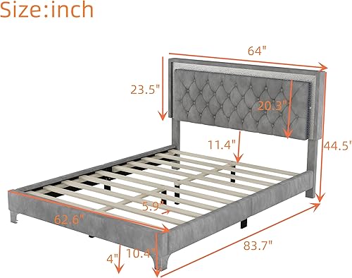 Miniatura 9 de Base de cama tapizada tamaño Queen con luces LED, cama de plataforma de terciopelo moderna con cabecera capitonada de cristal, para niños,