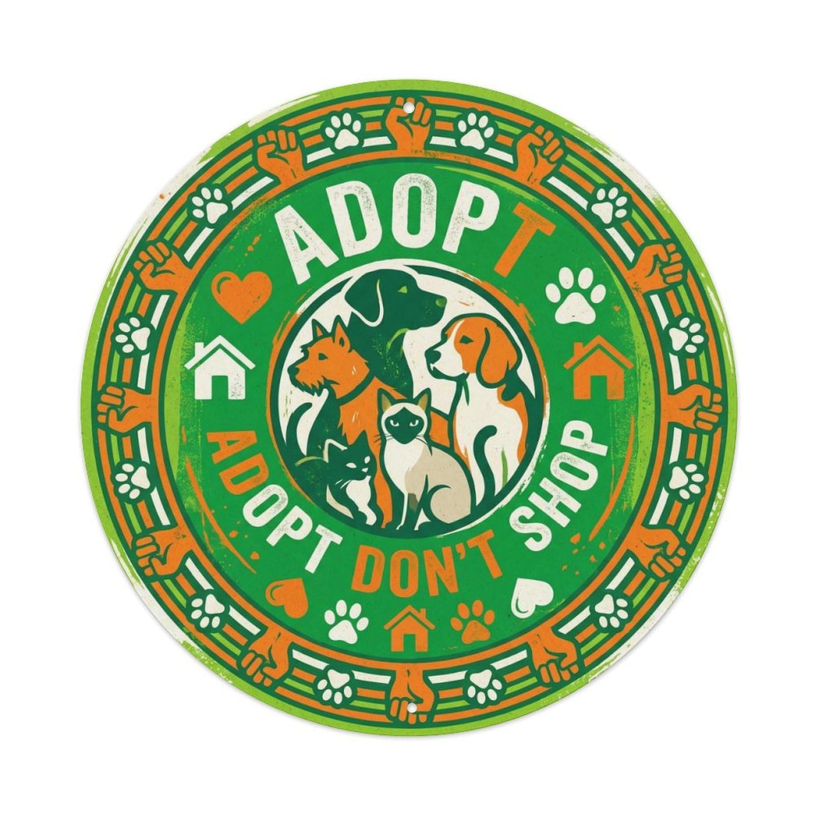 Vintage Adopt Don't Shop Rescue Center Metal Tin Sign Plaque Wall Decor for Cafe, Club, Garden Round Metal Poster 8x8Inch