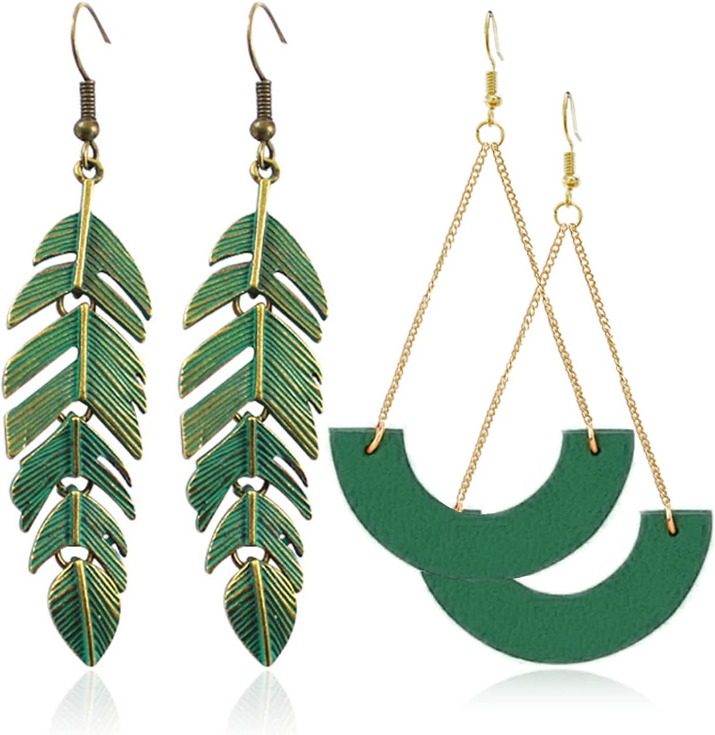 Handmade Boho Vintage Green Bronze Lightweight Statement Leaf Earrings with Detailed Texture Drop Dangle Earring for Women