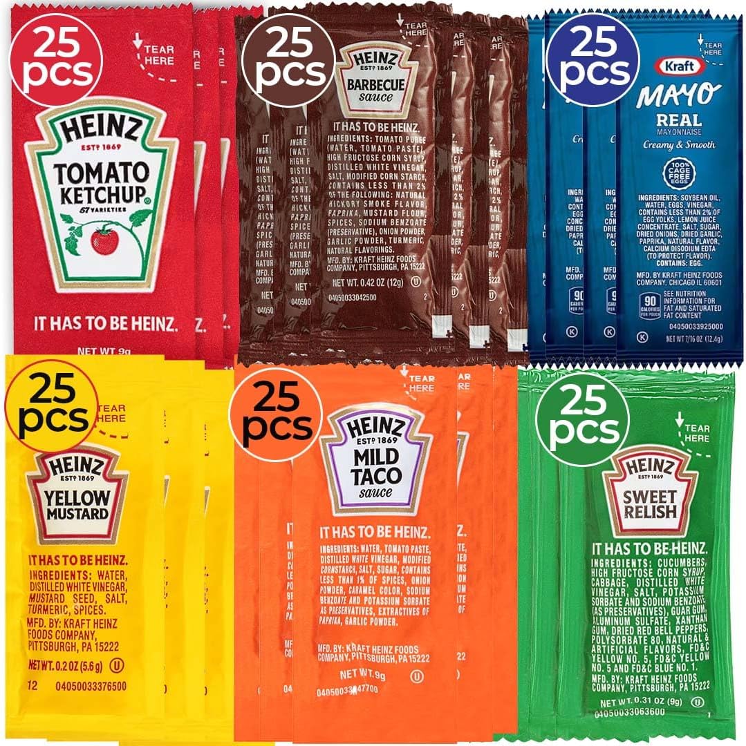 Condiment Packets Variety Pack Bundle - 150 Individual Condiment Packets for Heinz Lovers, 25 Single Serve Packs of Each: Mustard, Mayo, Sweet Relish, Mild Taco, Barbecue Sauce and Ketchup Packets