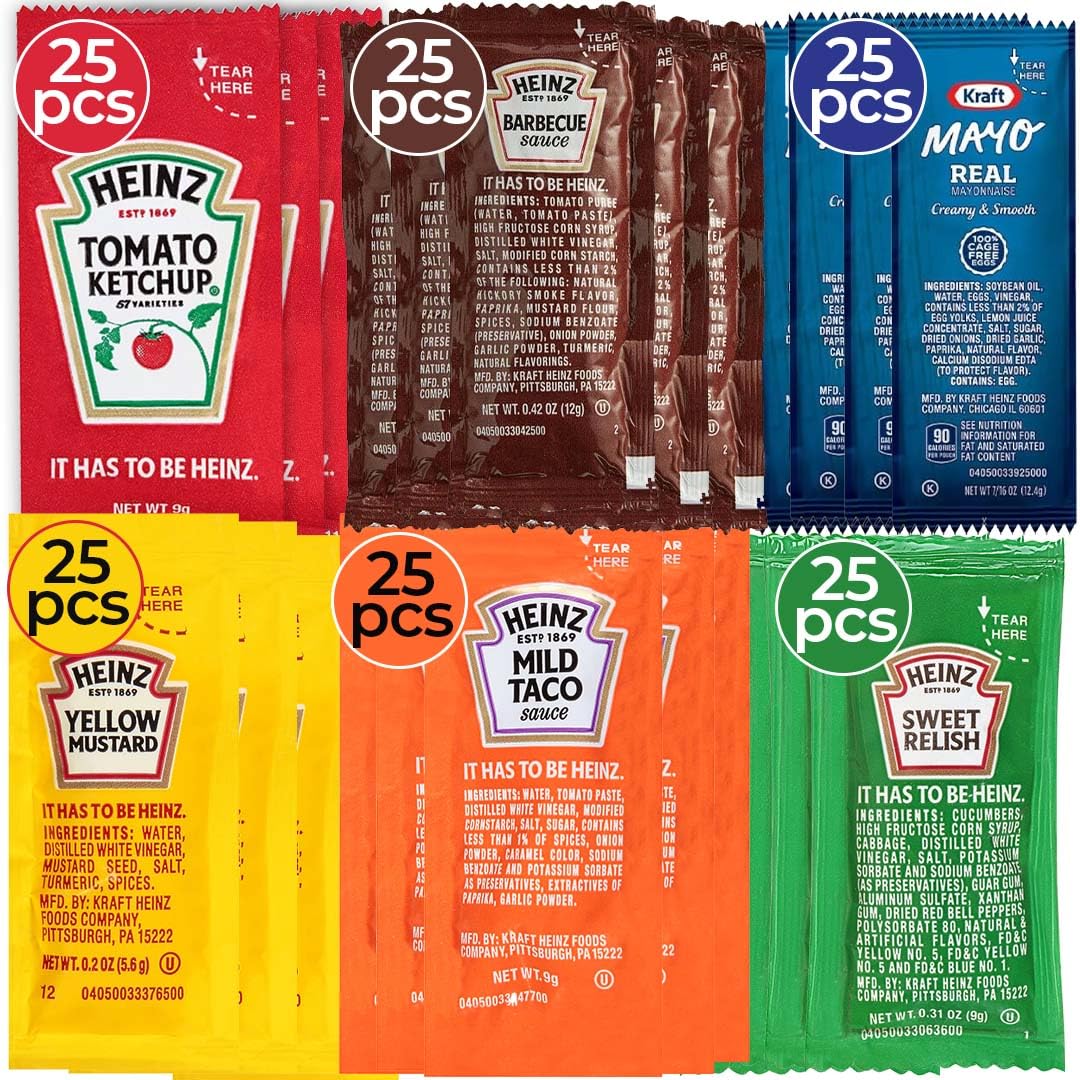 Condiment Packets Variety Pack Bundle - 150 Individual Condiment Packets for Heinz Lovers, 25 Single Serve Packs of Each: Mustard, Mayo, Sweet Relish, Mild Taco, Barbecue Sauce and Ketchup Packets