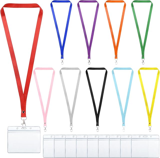 10 Pcs Lanyard with 10 Pcs Card Holder, Clear Waterproof ID Card Holders Name Tag Badge Card Holders with Neck Lanyard for Work Badges ID Cards Business Cards Key Rings