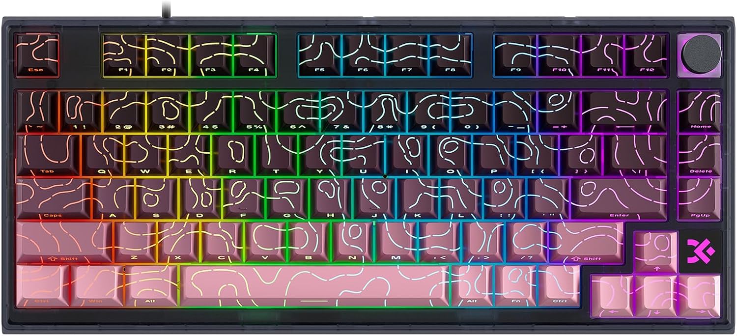MOLGRIA Contour Line Keycaps, 98 Set Custom PBT Cherry Profile Double-Shot Light Shine-Through Key Caps with South-face Print for Mechanical Gaming Keyboard ANSI Layout (Black-Pink Gradient)