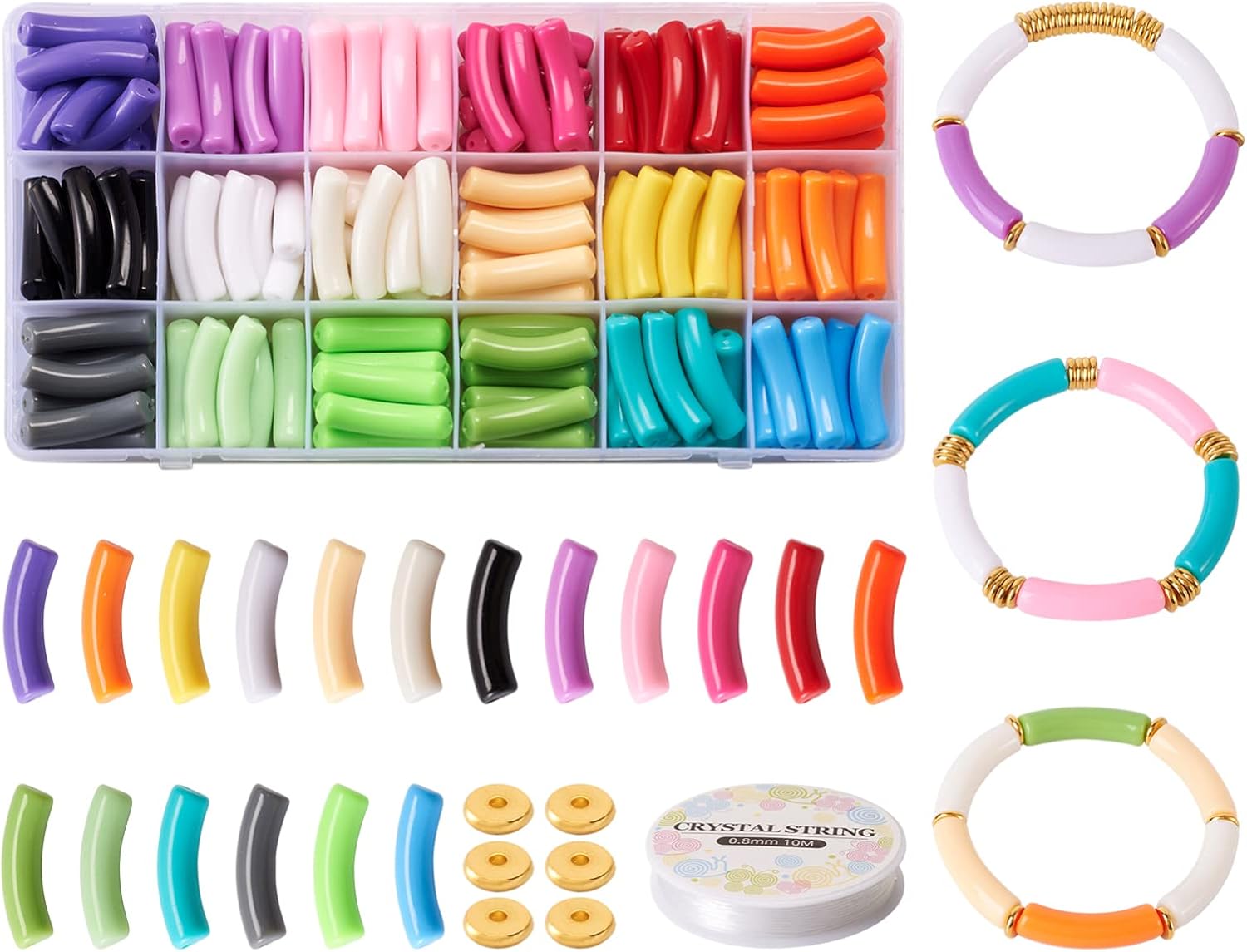 FASHEWELRY 180Pcs Colorful Bamboo Tube Bangles Bracelet Chunky Acrylic Stacking Curved Tube Beads with Disc Spacer Beads Elastic Crystal Thread for DIY Jewelry Making