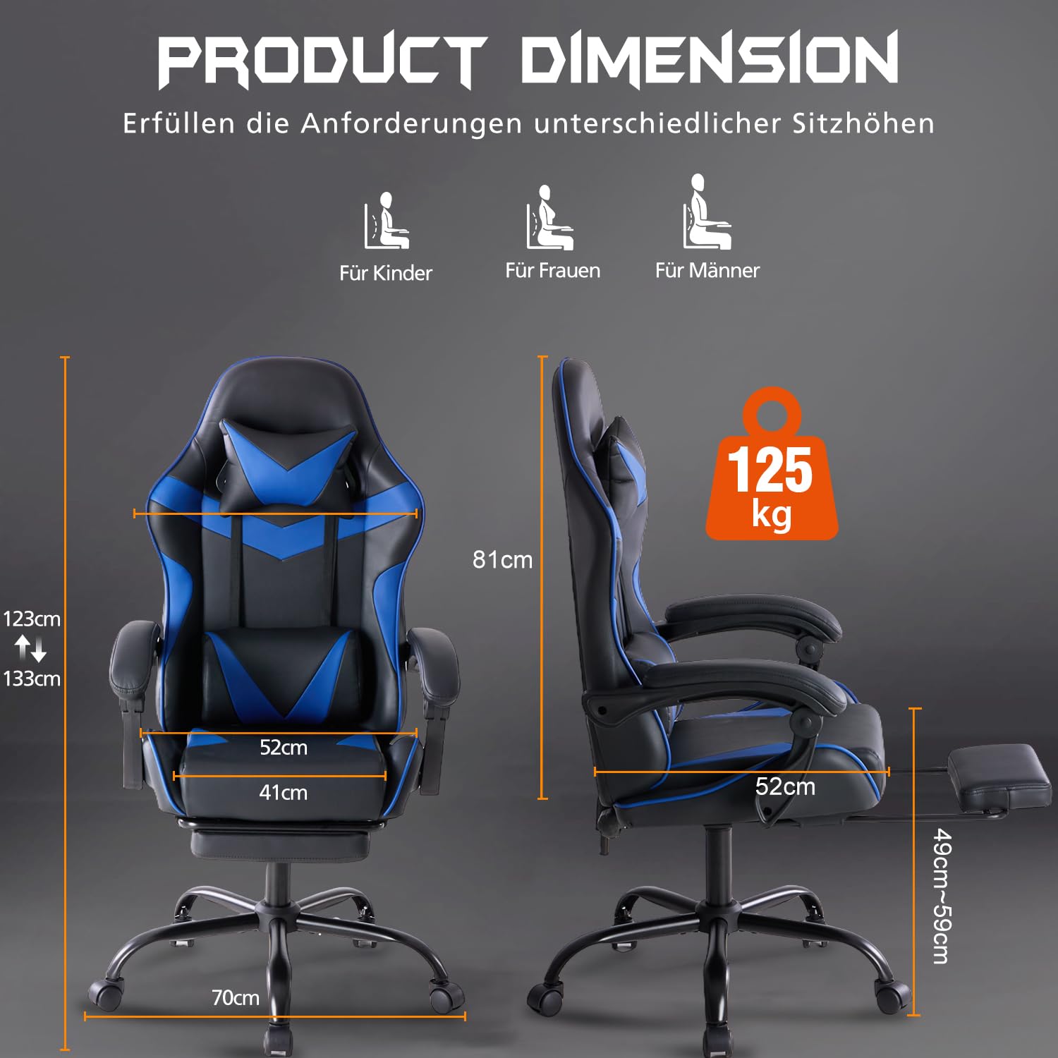 DUMOS Silla para Gaming, Silla ergonómica para Gamer, con reposapiés, reposacabezas y Soporte Lumbar, Altura Regulable, Acolchada, 150 kg, soporta hasta 150 kg, Color Negro y Azul