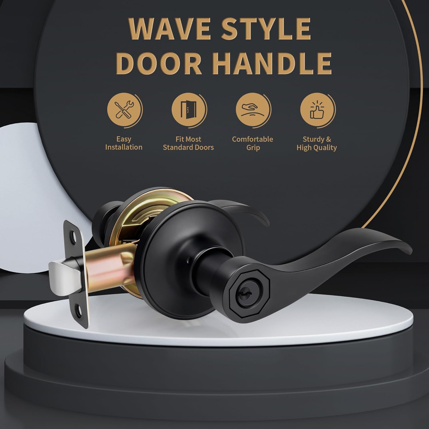 Wave Style Entry Door Handle with Keys, Keyed Door Lever with Lock for Front/Entrance in Matte Black Finish, Reversible Door Lever for Left/Right Doors