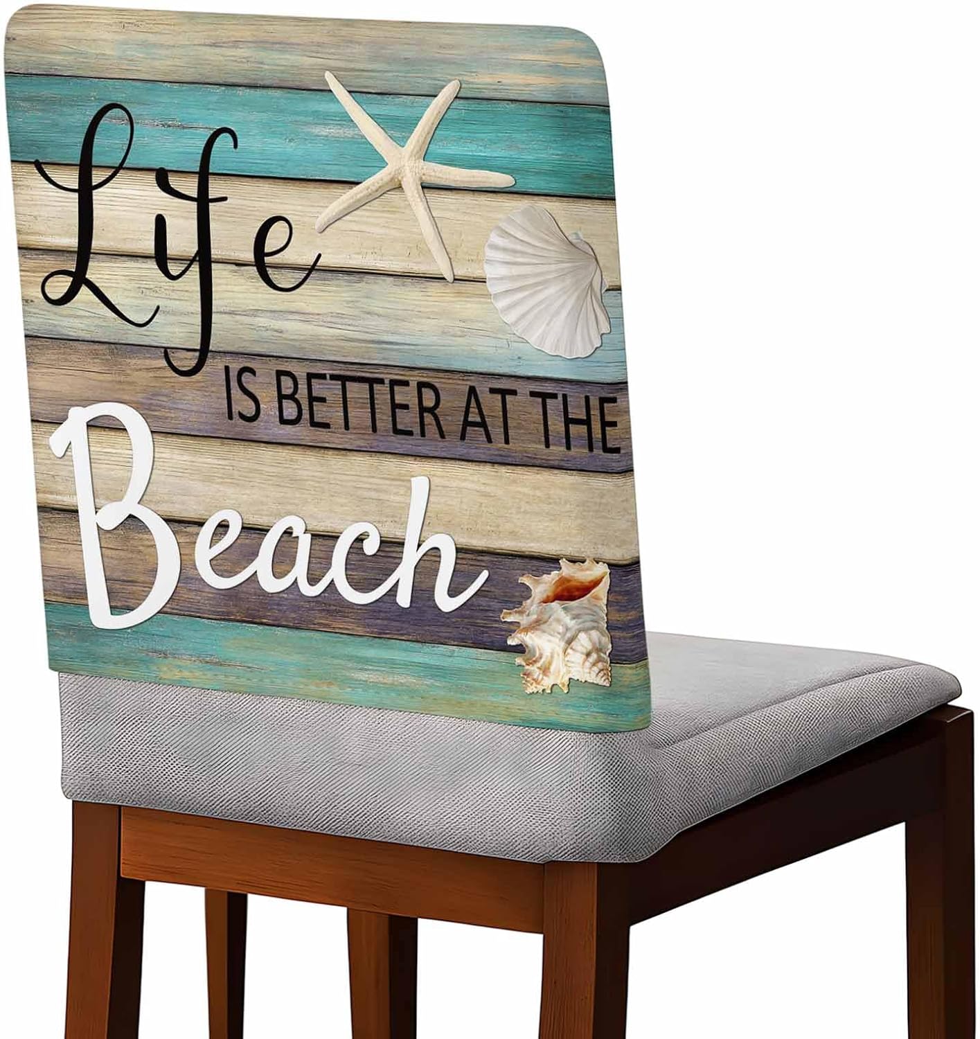 Life is Better at The Beach Chair Back Cover for Dining Room, Chair Covers Set of 6, Wood Grain Starfish Shell Summer Removable Washable Slipcovers for Kitchen Hotel Banquet Decor,18x19in