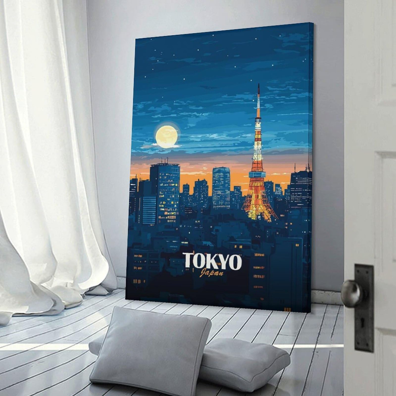 Junmoney Tokyo Japan Cityscape at Night Wall Art Print 24x36inch(60x90cm), for Hallway, Entryway Or Landing, Wall Decor to Refresh Empty Corners, for Cosy Room Updates